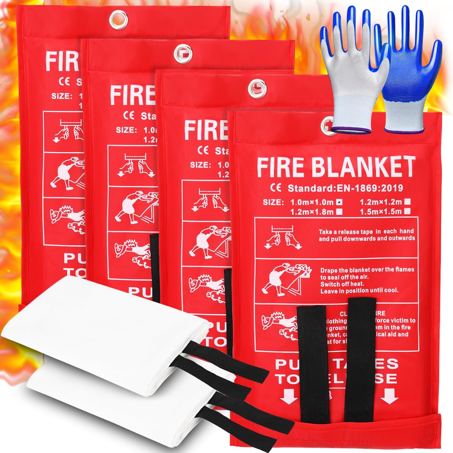 Tamodan Fire Blanket 4 Packs, Emergency Fire Blanket with 4 Sets of Gloves, 40″ x 40″ Fire Blanket for Home, Fiberglass Fire Blanket for Home and Kitchen, Office, Car, Fireplace, Camping, Grill