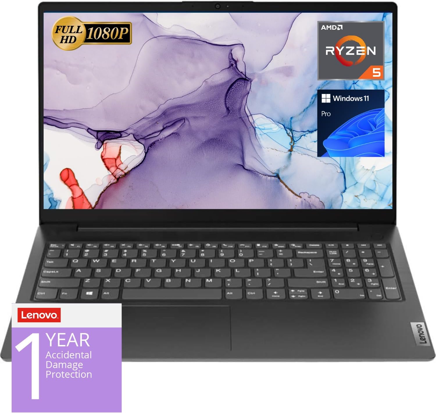 Lenovo V15 Laptop, 15.6″ FHD Display, AMD Ryzen 5 5500U Hexa-core Processor (Beat Intel i7-1065G7), 16GB RAM, 512GB SSD, HDMI, RJ45, Numeric Keypad, Wi-Fi, Windows 11 Pro, Black