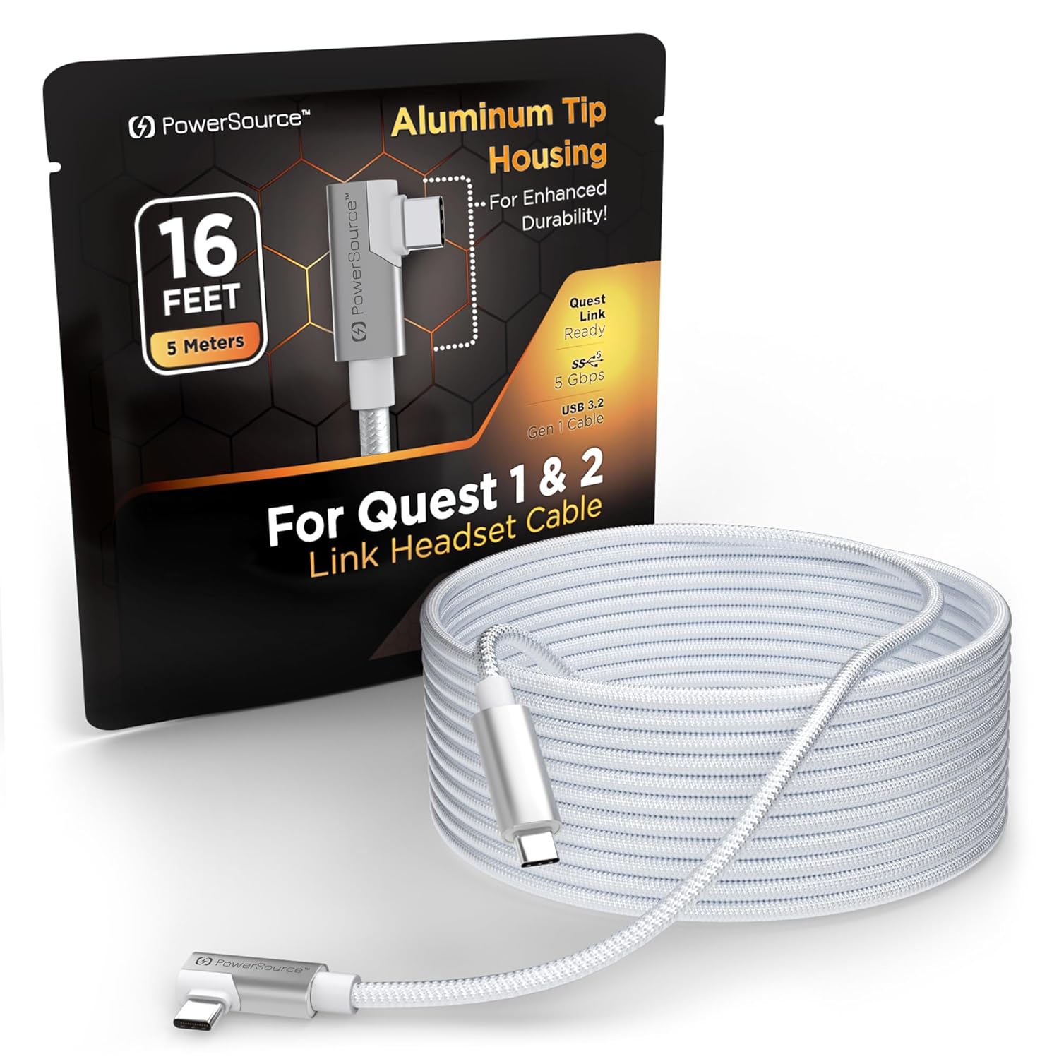 PowerSource 16ft Long for Quest 1 & 2 Braided White Link Cable for High Speed Data Transfer & Charging, 5m USB-C for Gaming Laptops & PCs, Aluminum Shell, Provides Maximum Data Transfer Rates