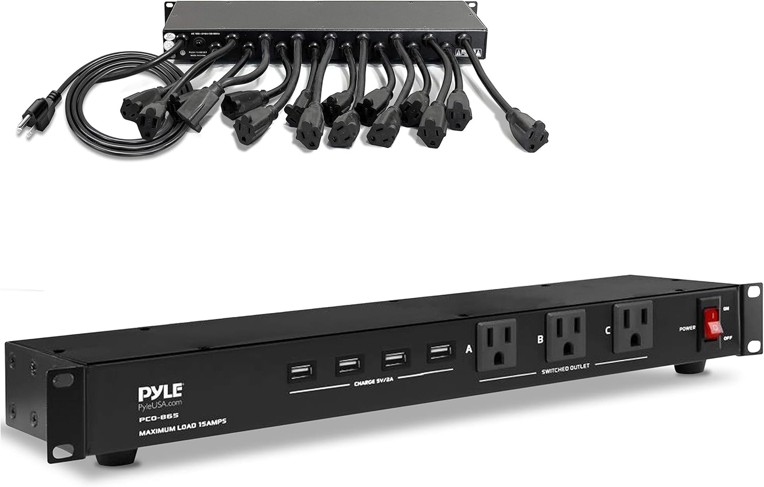 Pyle 19 Outlet 1U 19″ Rackmount PDU Power Distribution Supply Center Conditioner Strip Unit Surge Protector 15 Amp Circuit Breaker 4 USB Multi Device Charge Ports 15FT Cord (PCO865) Black