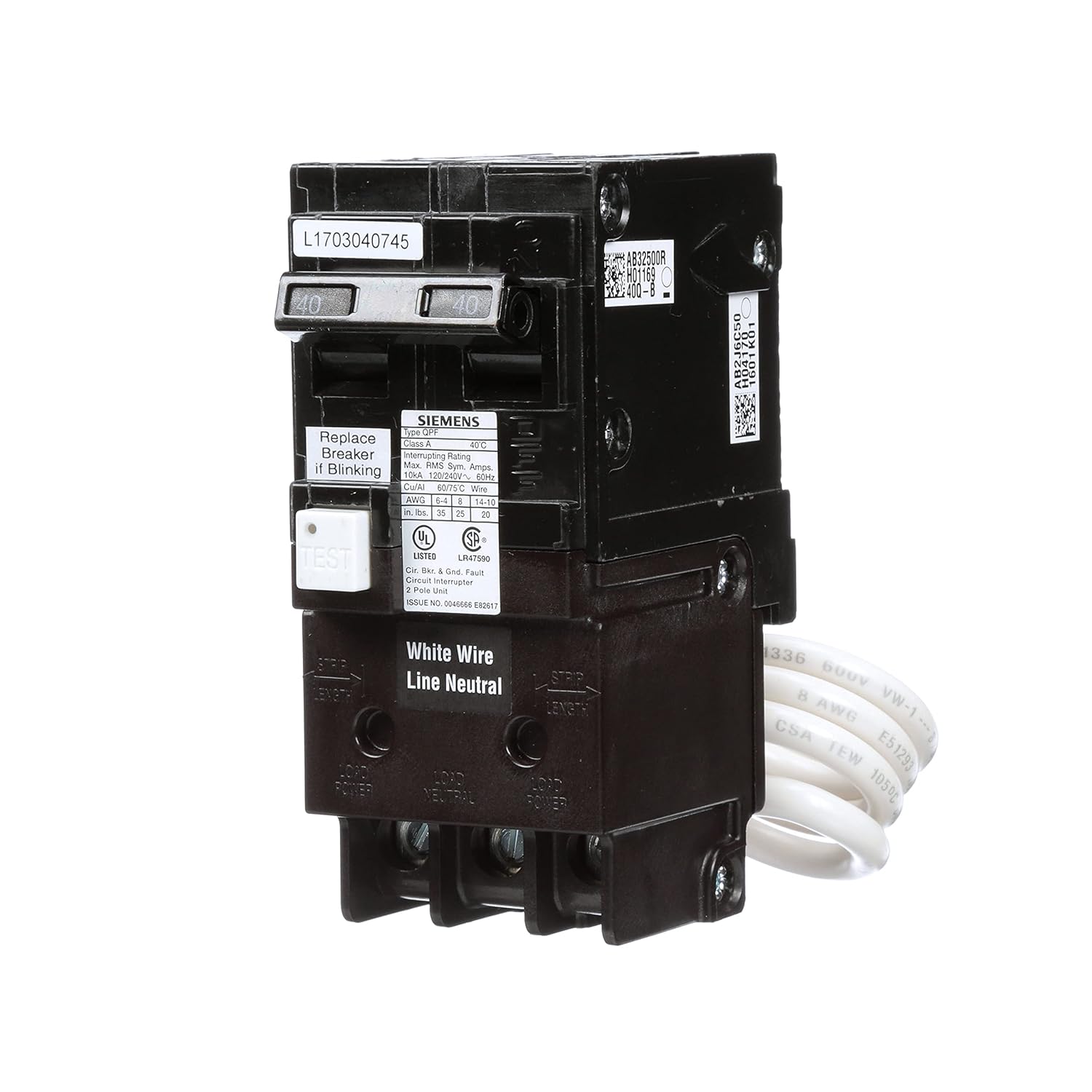 SIEMENS QF240A Ground Fault Circuit Interrupter, 40 Amp, 2 Pole, 120/240 Volt, 10,000 AIC