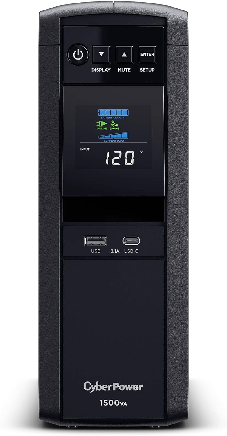 CyberPower CP1500PFCLCD PFC Sinewave UPS System, 1500VA/1000W, 12 Outlets, AVR, Mini Tower,Black