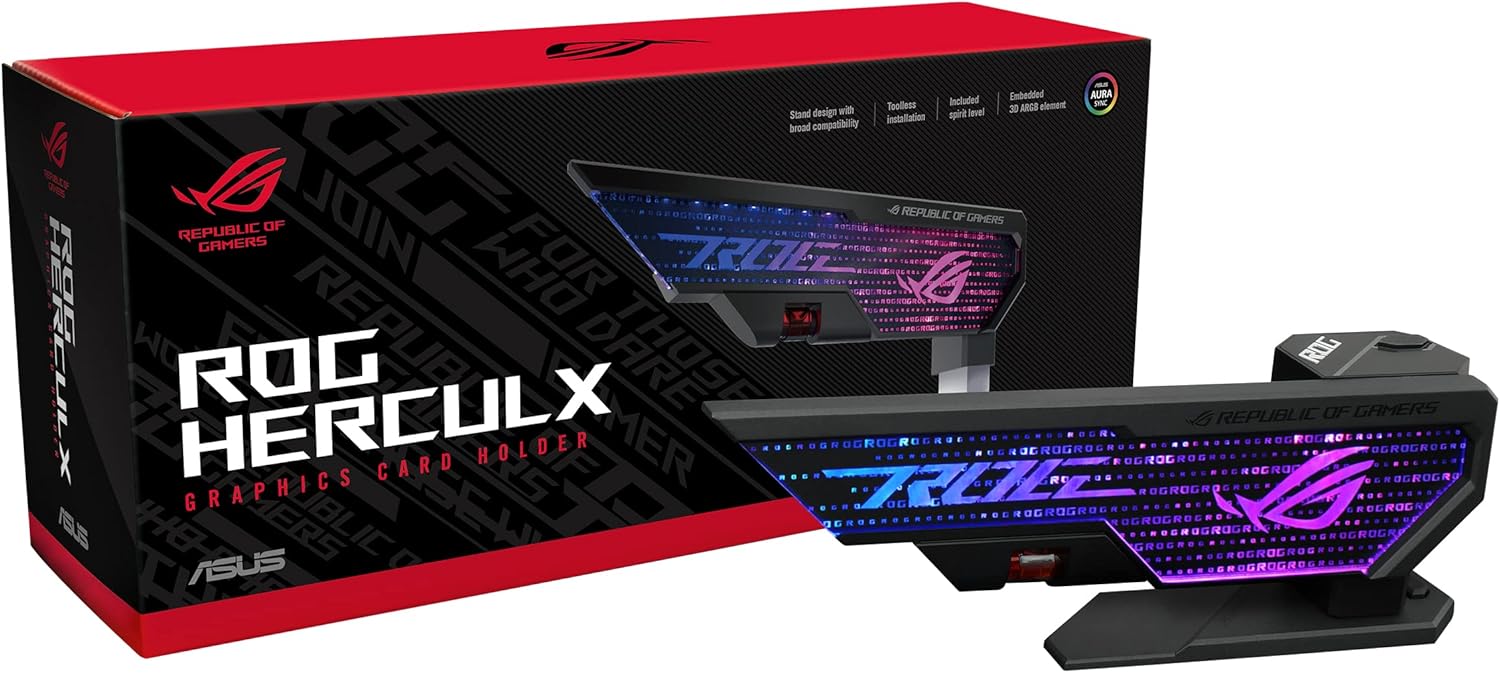 ASUS ROG Herculx Graphics Card Anti-Sag Holder Bracket (Solid Zinc Alloy Construction, Easy Toolless Installation, Included Spirit Level, Adjustable Height, Wide Compatibility, Aura Sync RGB)