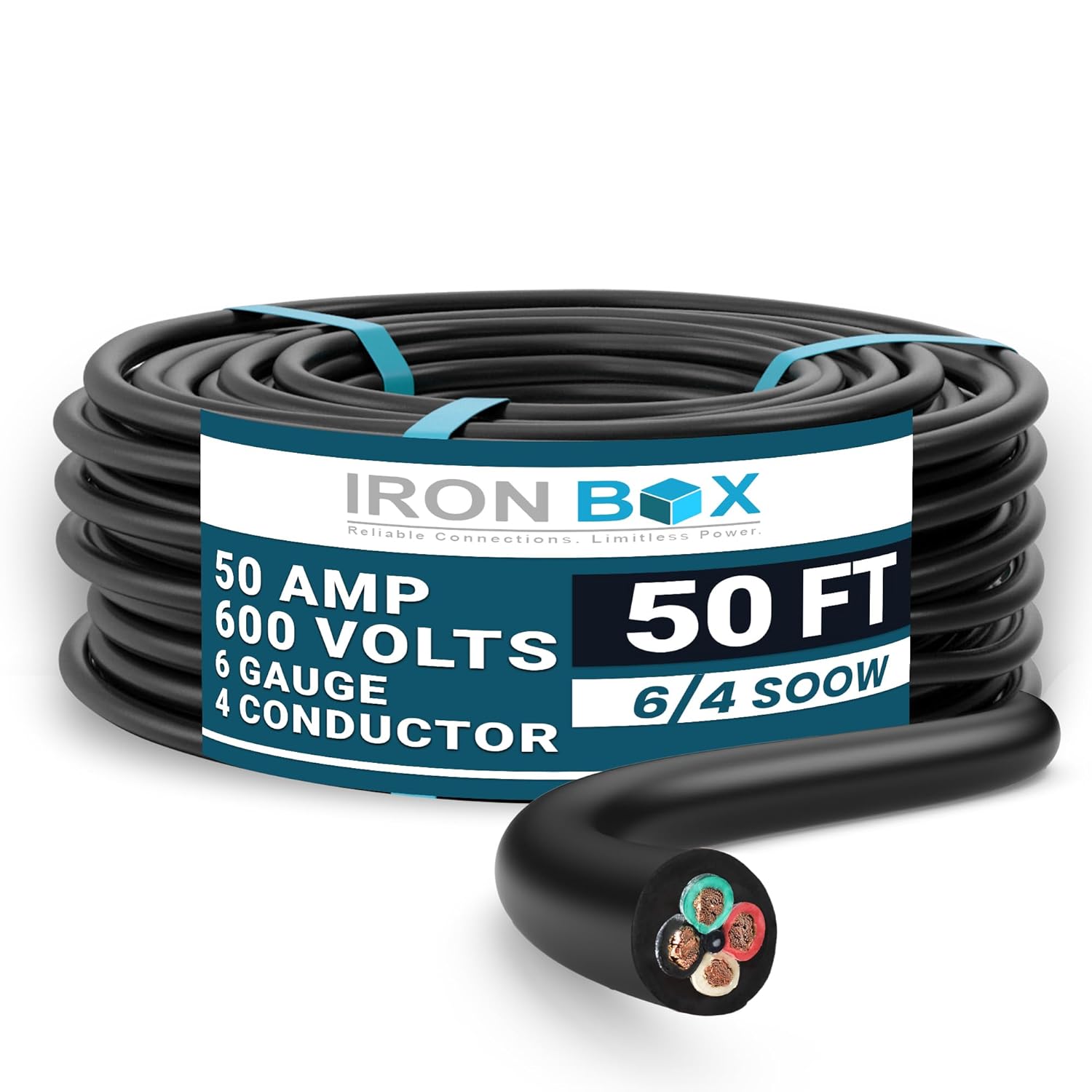 IronBox Electric – 6/4 SOOW Bulk Cable – 6 Gauge 4 Conductor – Rated for 600V, 50A – Water & Oil Resistant Cable for Industrial & Residential Use – Ideal for Generators,Circuits,Data Centers(50 Foot)