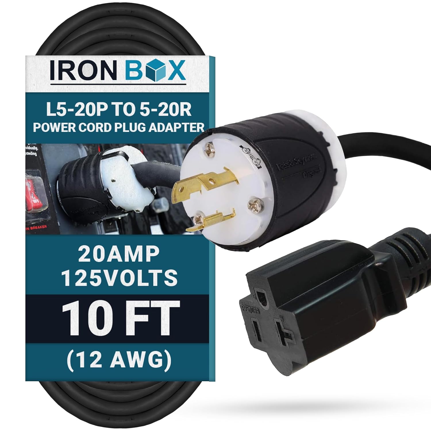 IronBox Electric NEMA L5-20P to 5-20R Power Cord Plug Adapter – 20A, 125V,12 AWG – UL Listed Heavy Duty Adapter Cable for Generator, Data Centers, Computers, Outdoor Events & More (Custom Built, 10ft)