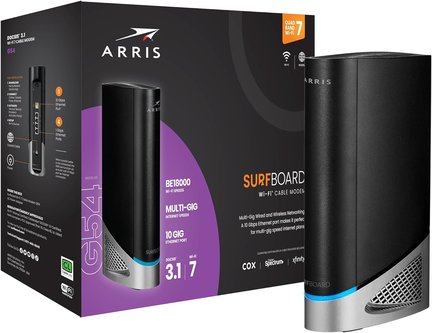 ARRIS (G54) – Cable Modem Router Combo – Fast DOCSIS 3.1 Multi-Gigabit & BE 18000 WiFi 7 Router Comcast Xfinity, Cox, Spectrum Quad-Band 1, Up to 18 Gbps Max Speed