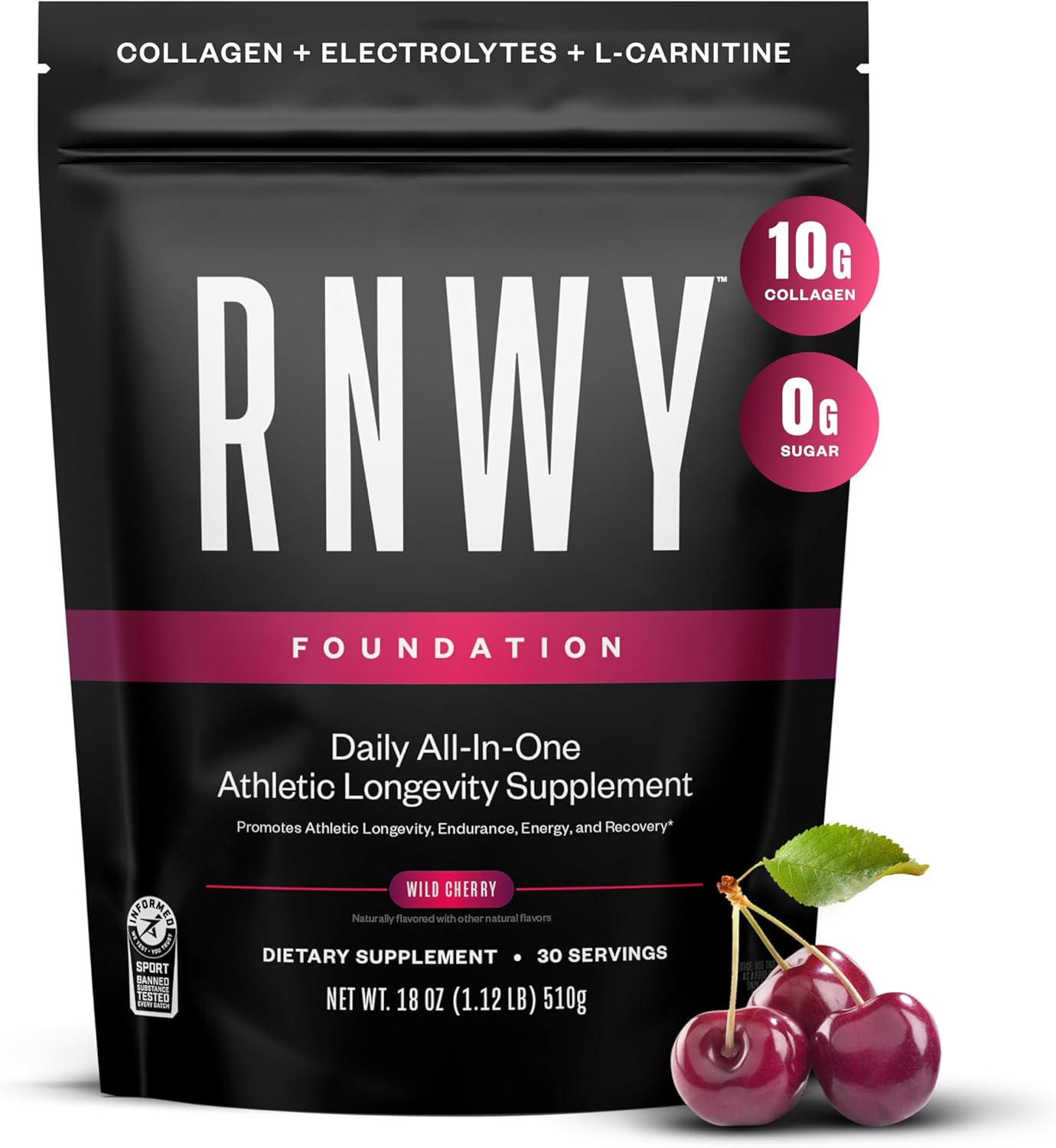 RNWY Wild Cherry Foundation Collagen Powder, Daily Joint Support with Electrolytes and Multivitamin, 10g Collagen Peptides, Sugar Free, 30 Servings