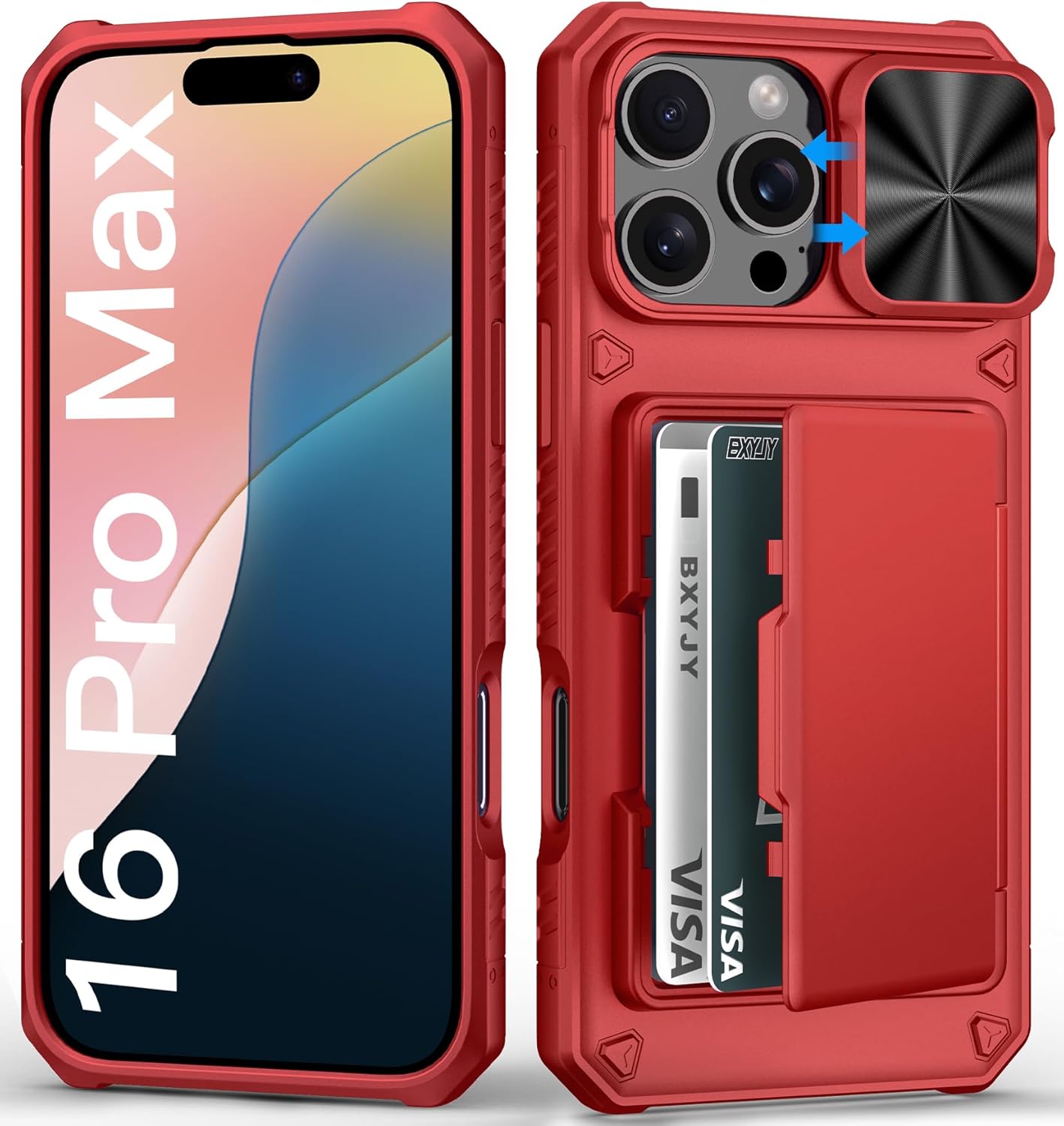 for iPhone 16 Pro Max Phone Case Wallet, Built-in Card Holder (4-5 Cards), Slide Camera Cover, Military Grade Protection, Heavy Duty Women Girly Men Protective Case for iPhone 16 Pro Max, Red