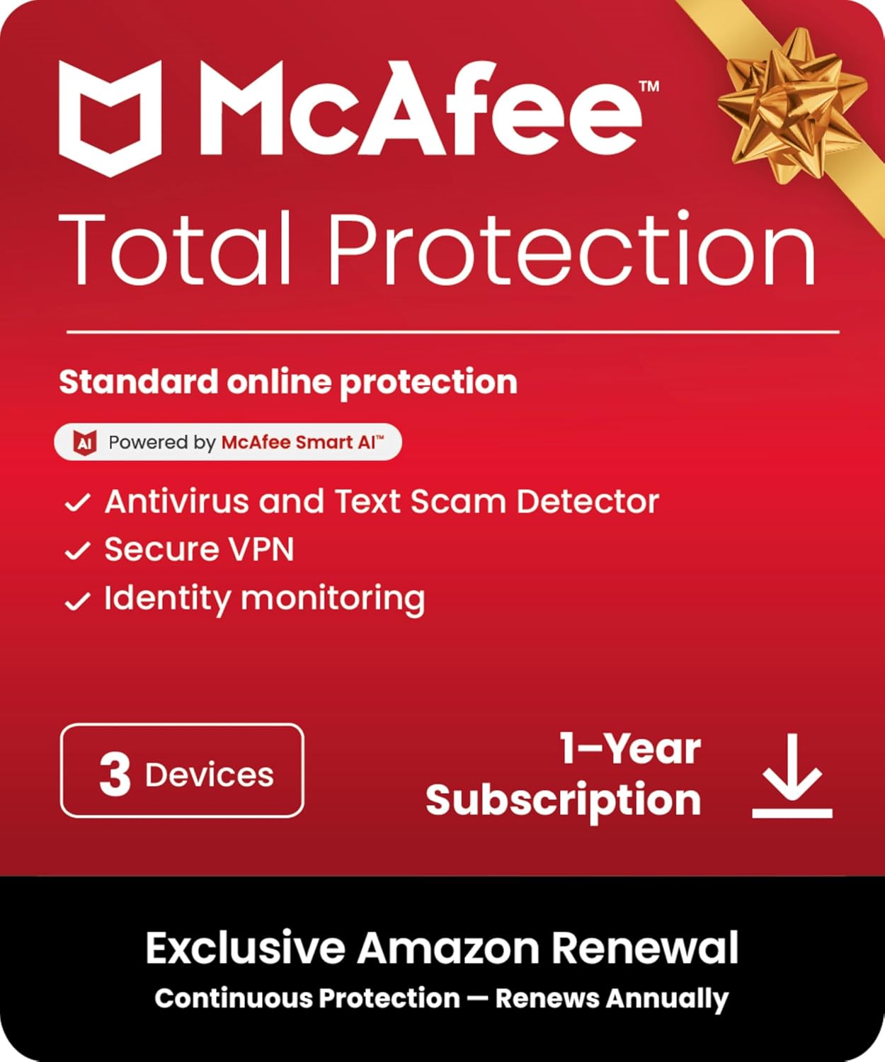 McAfee Total Protection 3-Device 2025 Ready |Security Software Includes Antivirus, Secure VPN, Password Manager, Identity Monitoring | 1 Year Subscription with Auto Renewal