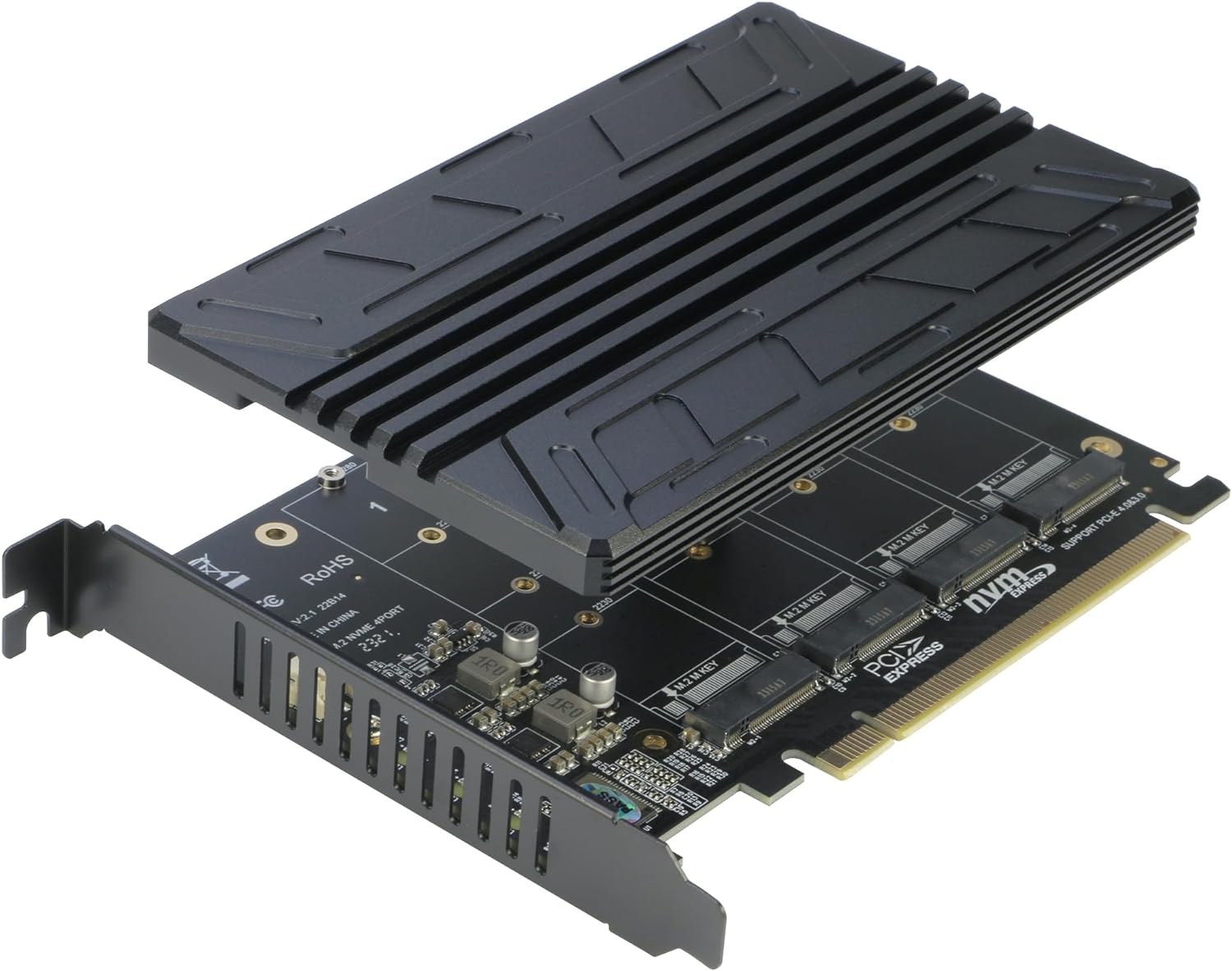 Quad NVMe PCIe Adapter, RIITOP 4-Port NVMe to PCI-e 4.0/3.0 x16 Expand Controller Card with Heatsink for 2280/2260/2242/2230 M.2 NVMe SSD (PCI-e Bifurcation Required)