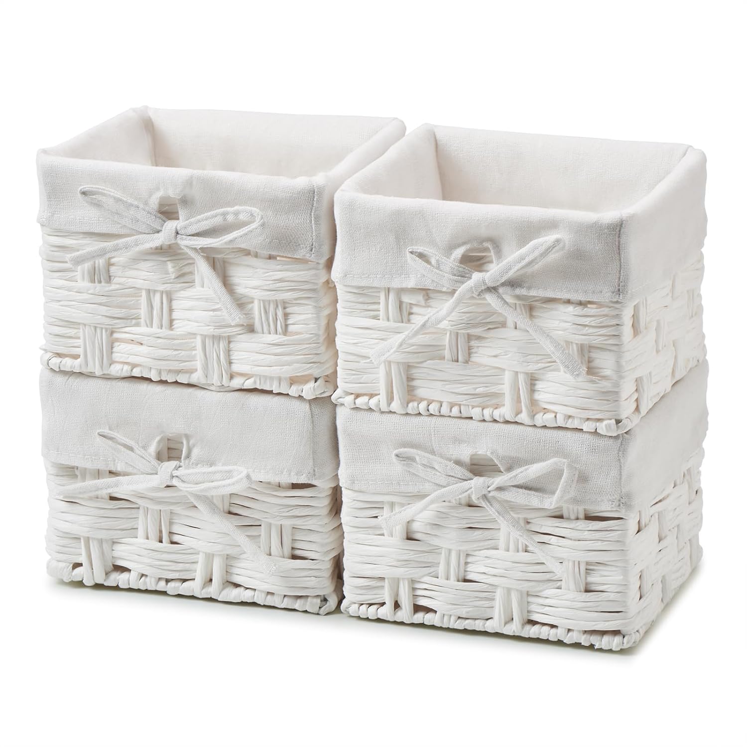 EZOWare Set of 4 Square Wicker Woven Paper Rope Organizer Basket, Decorative Storage Cube Container Box Bin with Removable Liners for Baby Cloth Kids Nursery Room Home – (7x7x5 inch, White)