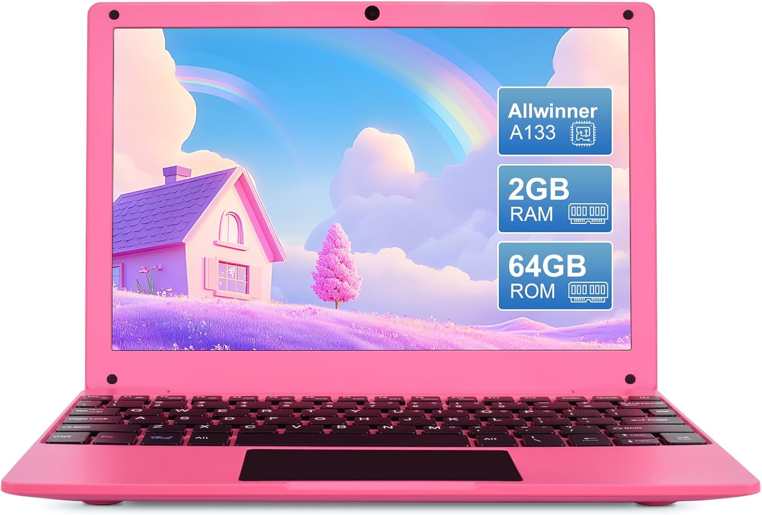 Mini Android 12 Laptop Computer, Portable Small Netbook with Allwinner A133 CPU Android 12 OS 2GB RAM 64GB EMMC HD IPS Screen 1920×800 0.3MP Camera(Pink)