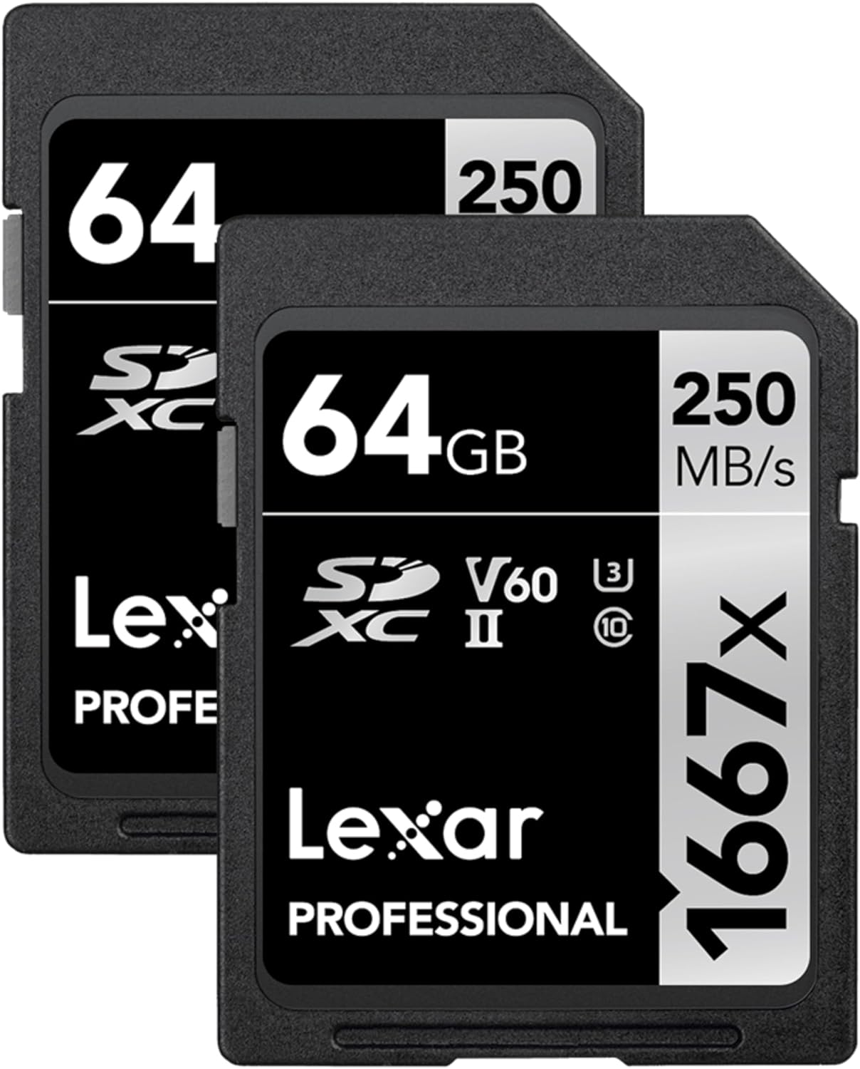 Lexar 64GB (2-Pack) Professional 1667x SDXC Memory Cards, UHS-II, C10, U3, V60, Full-HD & 4K Video, Up To 250MB/s Read, for Professional Photographer, Videographer, Enthusiast (LSD64GCBNA16672)