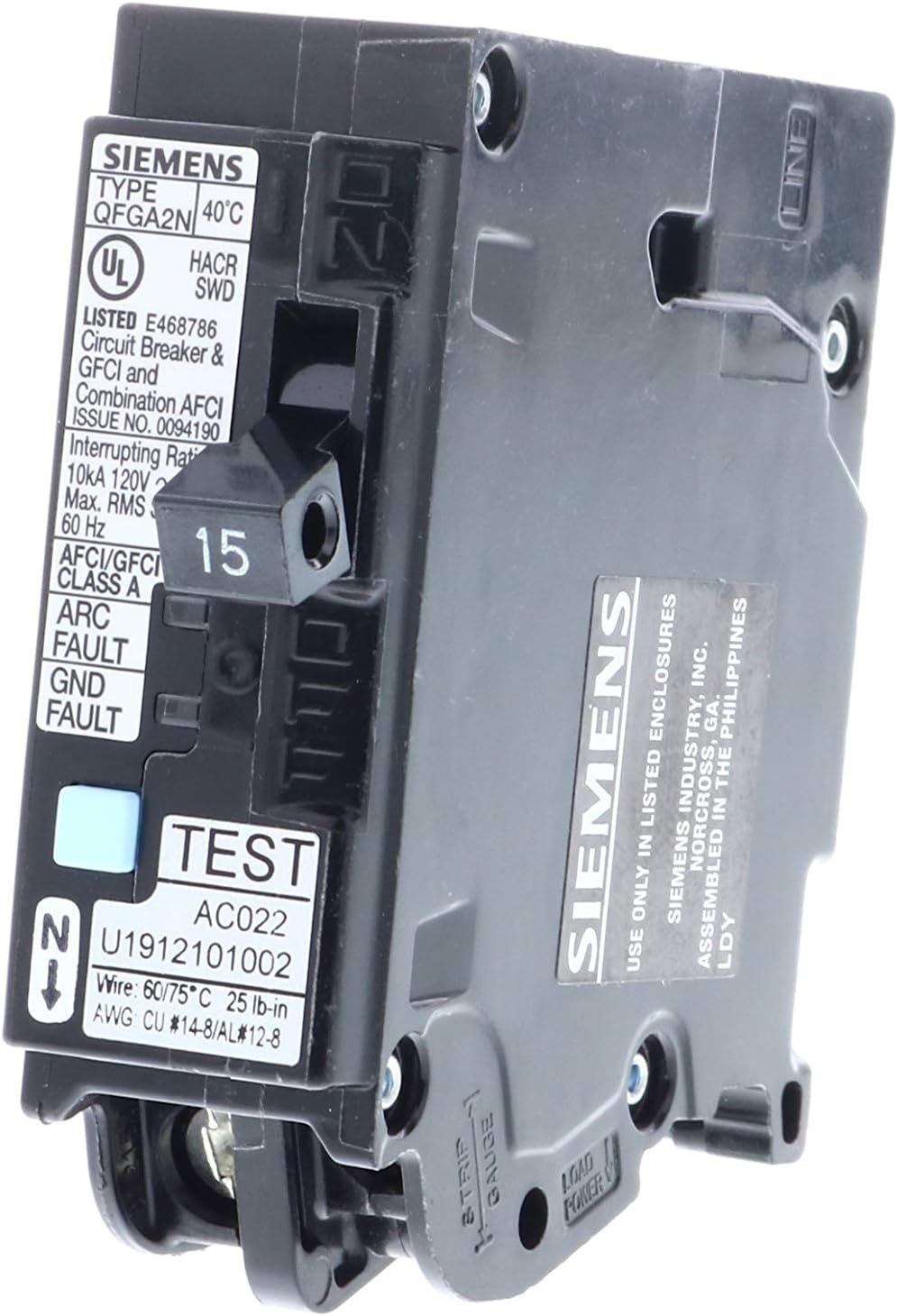 Siemens Q115DFN 15 Amp 1-Pole Dual Function (CAFCI/GFCI) Plug-On Neutral Circuit Breaker, Black