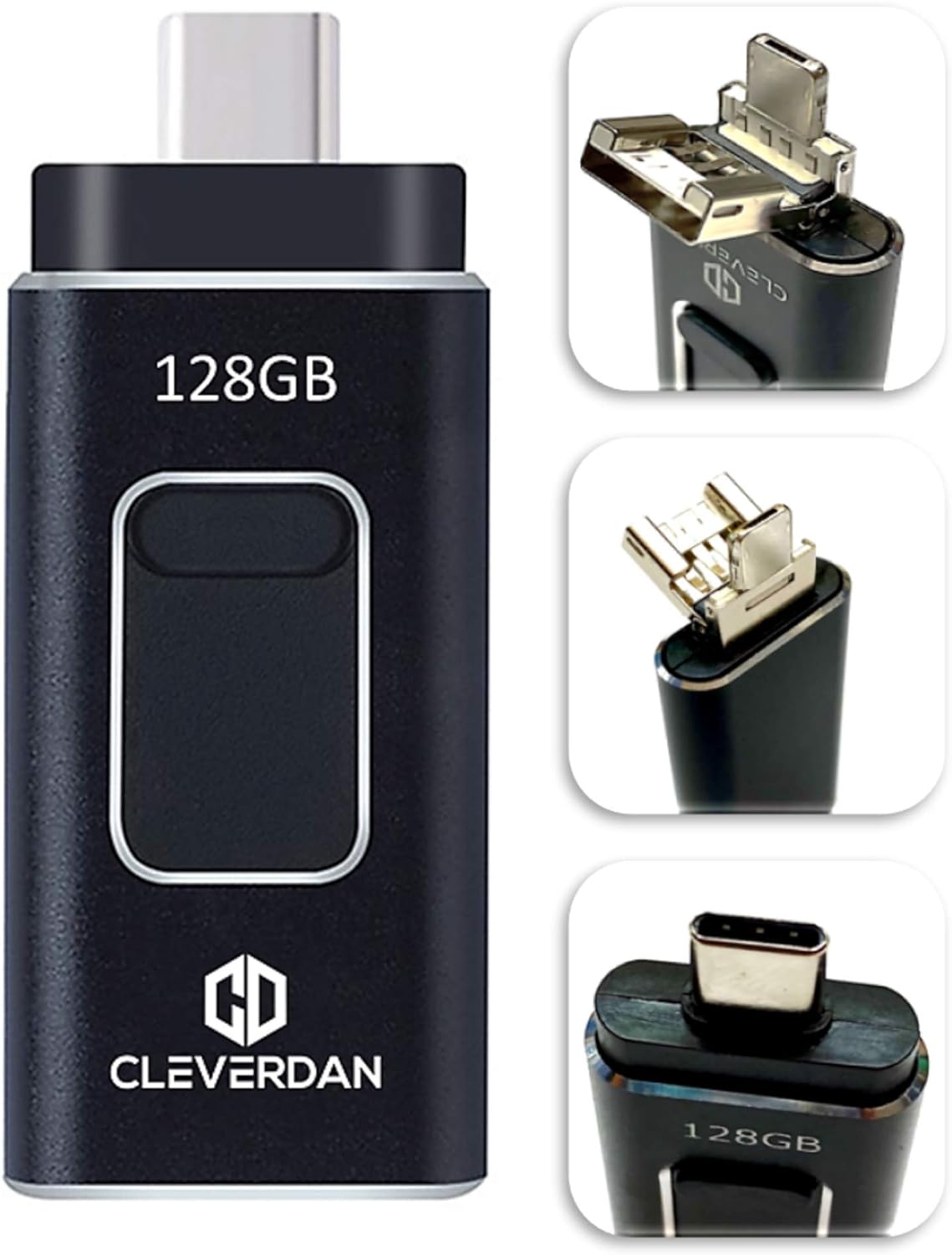 4-in-1 Android and iPhone 128GB Photo Stick USB 3.0 Flash Drive – Compatible with All Your Devices! iPhone iPad Samsung Moto Pixel PC Mac (Easy Backup & External Storage + Certified iOS App) Cleverdan