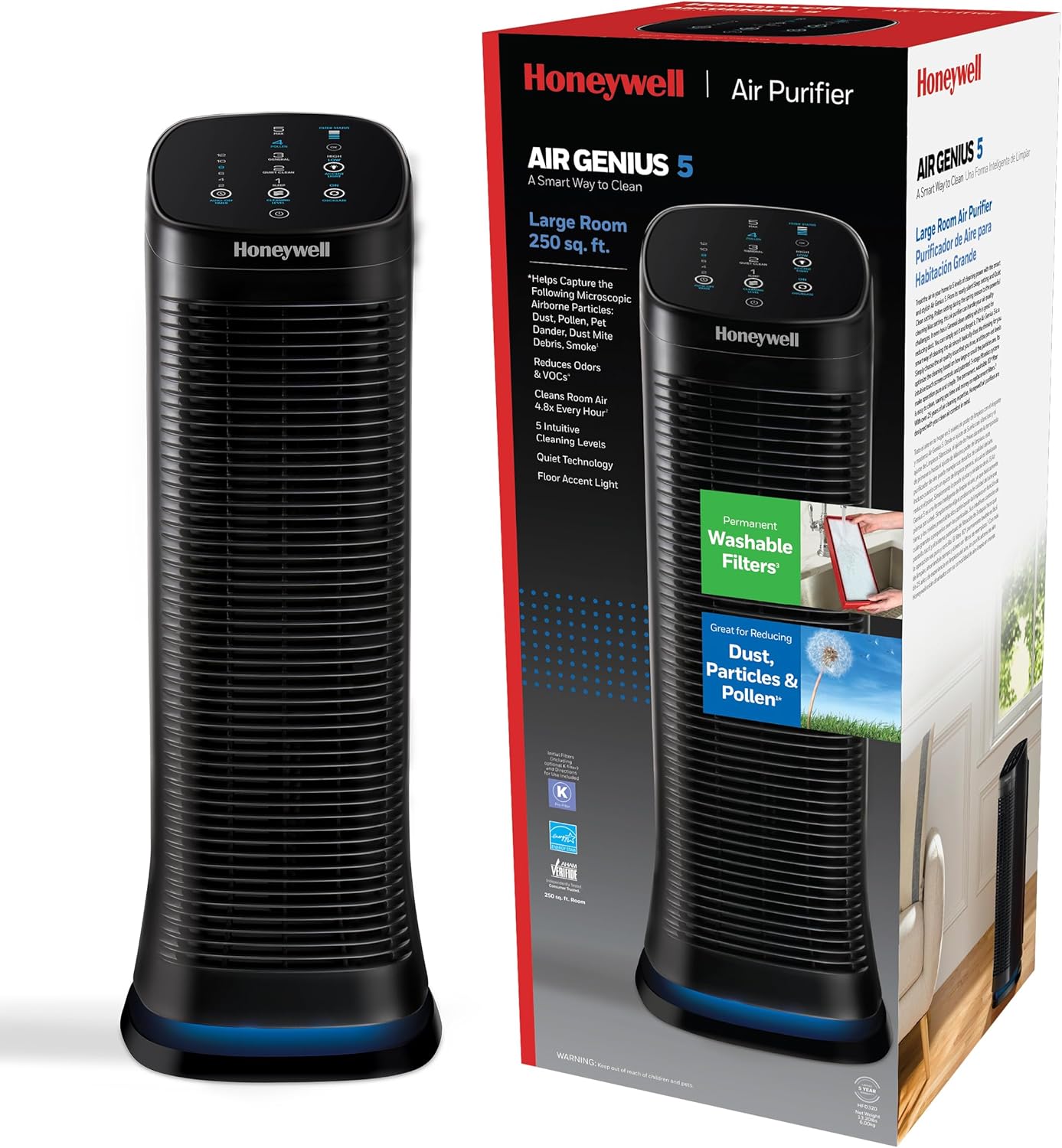 Honeywell Air Genius 5 Air Purifier with Permanent, Washable Filter, for Large Rooms, Reduces Smoke, Wildfire Smoke, Dust, Pollen, Pet Dander and More, Black, HFD320