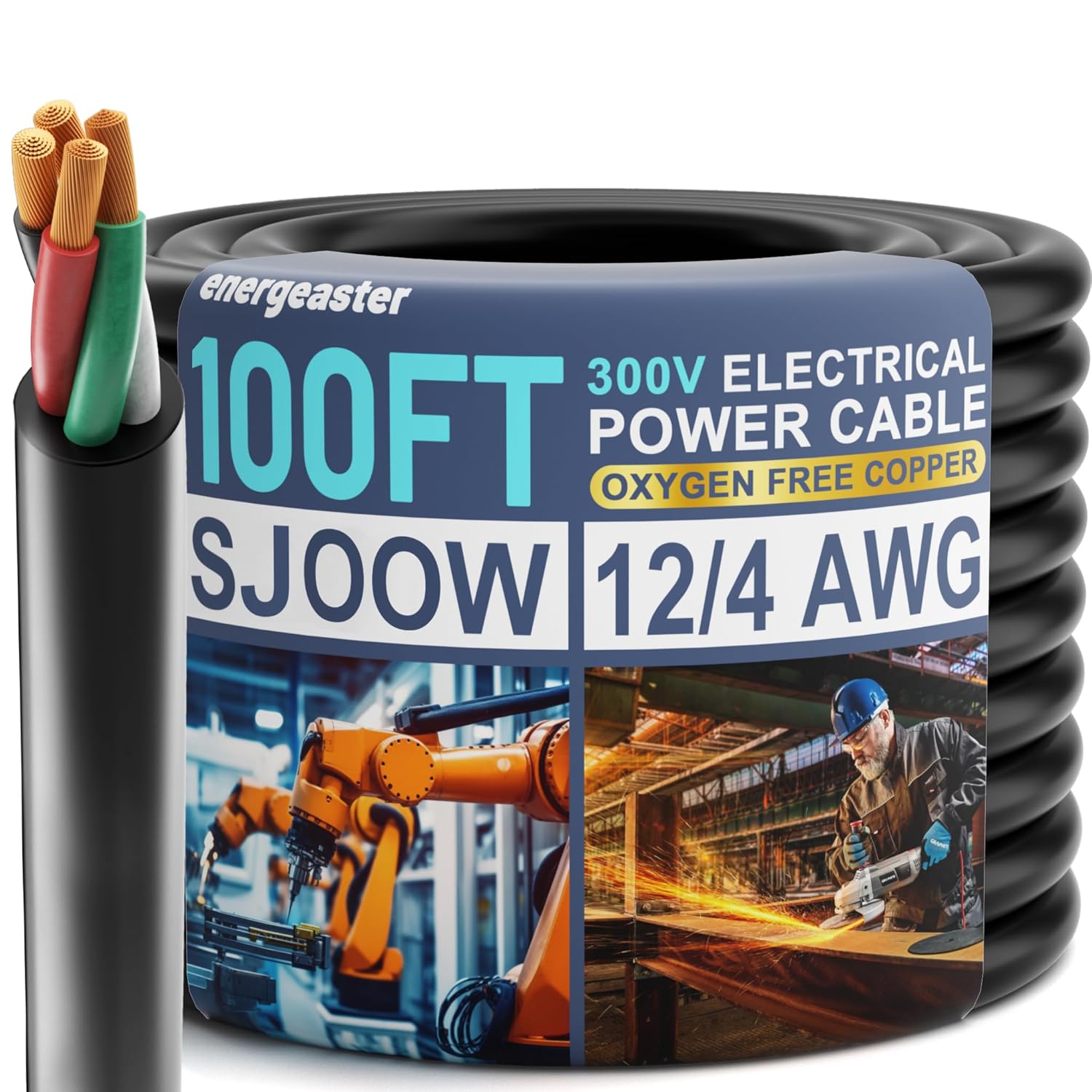 Electric 12/4 SJOOW Bulk Cable-12 Gauge 4 Conductor-Rated for 300V, 20A -Water & Oil Resistant Cable for Industrial & Residential Use-Ideal for Generators,Circuits,Data Centers(100 Foot)