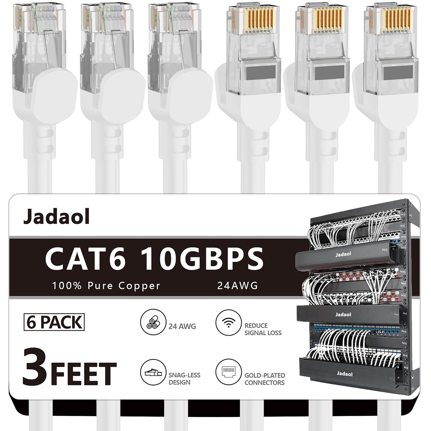 Jadaol Cat 6 Ethernet Cable 3ft 6Pack, Support Cat8/7 Network, 10Gbps 24AWG Pure Copper, Ethernet Cables, Ethernet Cord, Cat6 Ethernet Cable, Cat 6 Cable, Cat6 Patch Cable, High-Speed LAN Cable, White