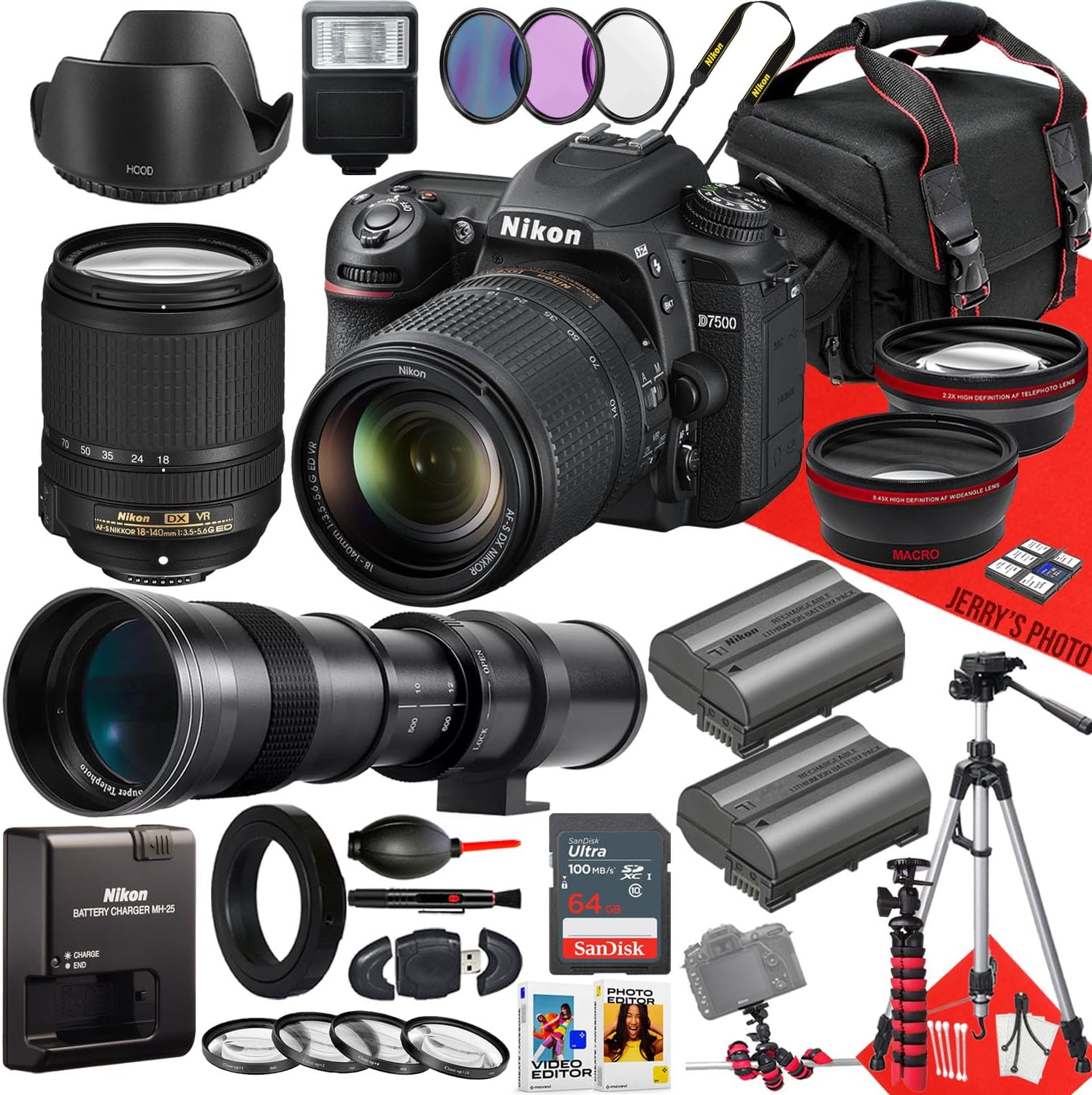 Nikon D7500 DSLR Camera with 18-140mm f/3.5-5.6G ED VR Lens and 420-800mm Lens + 64GB Memory + Extra Battery + Slave Flash + Filters + Tripod + More (32pc Bundle)