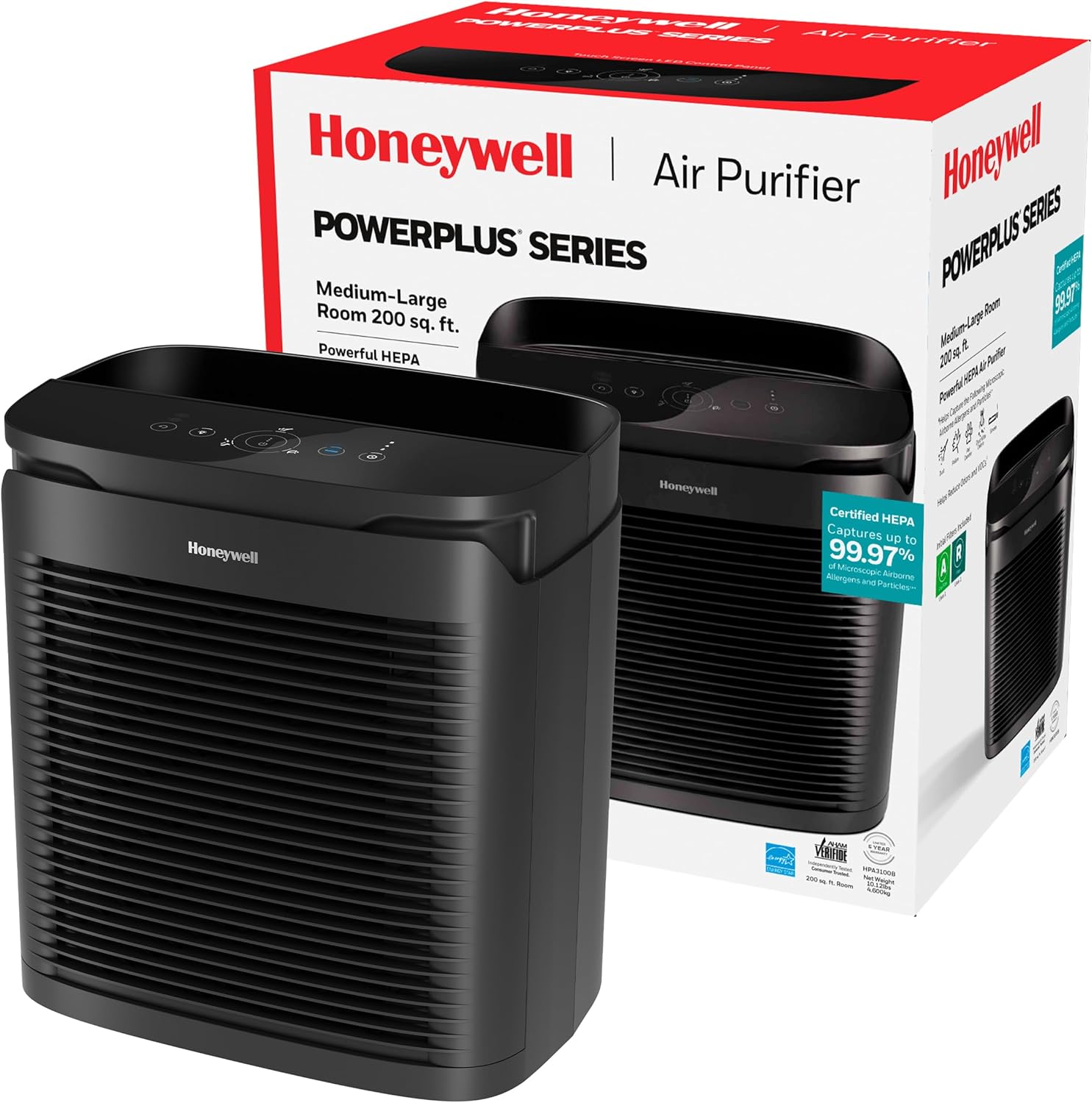 Honeywell PowerPlus HEPA Air Purifier for Home, Medium-Large Rooms, Reduces Allergens, Smoke, Wildfire Smoke, Pollen, Pet Dander and More, Black, HPA3100