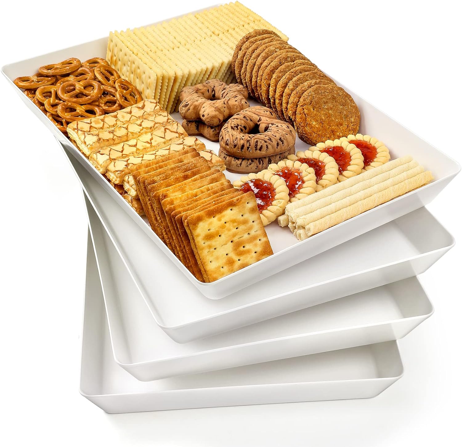 4-Pack 16″ x 11″ Large White Serving Trays Set – Reusable Plastic Serving Platters for Cookie, Appetizer, Charcuterie, Snack, Dessert, Party Food Display – Stackable Kitchen CounterTop Tray, BPA Free