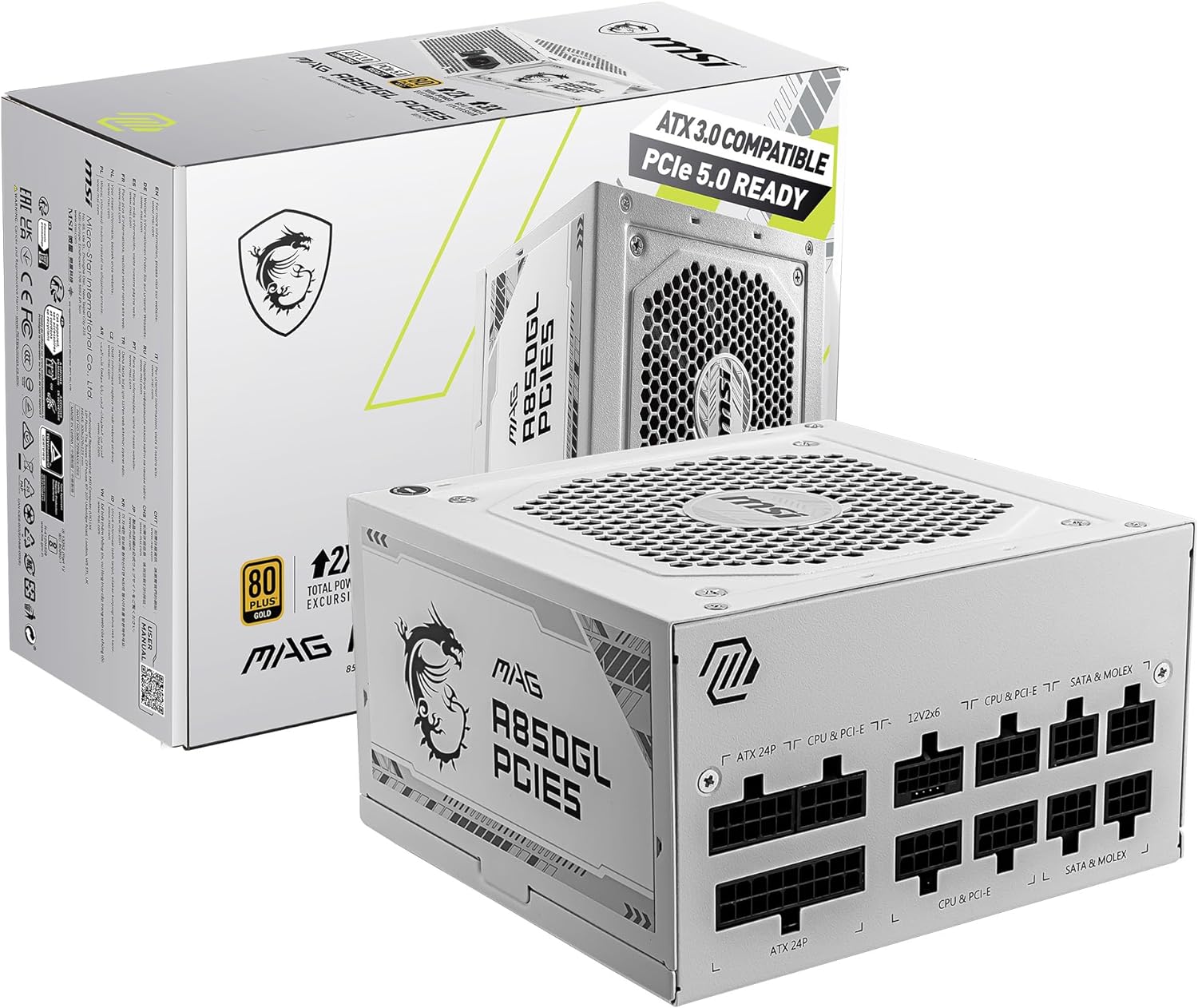 MSI MAG 850GL PCIE 5 White Gaming Power Supply – Full Modular – 80 Plus Gold Certified 850W – Compact Size – ATX PSU – 10 Year Warranty