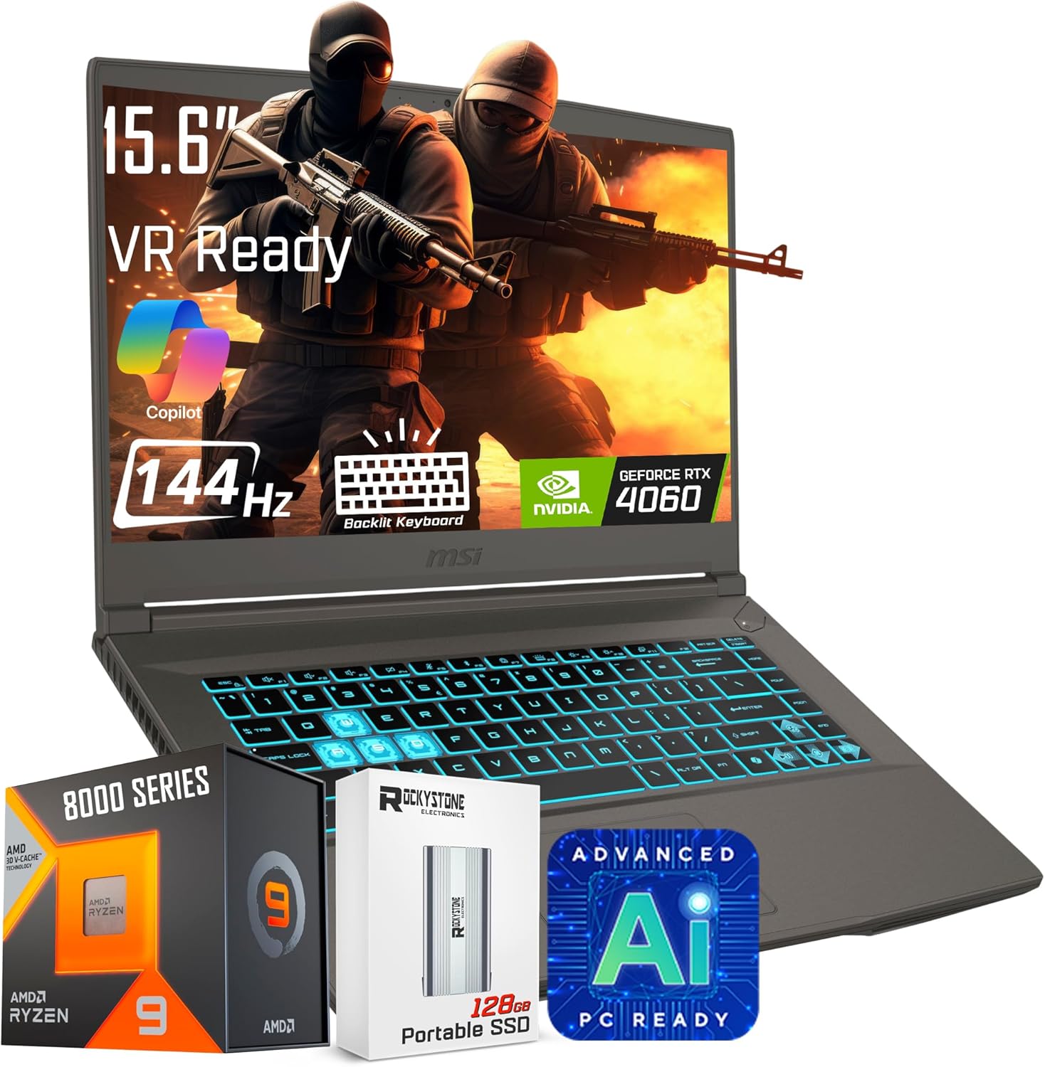 MSI Thin 15 Gaming Laptop, 15.6″ FHD IPS Display, AMD Ryzen 9 8945HS(>i9-13900H, 5.2 GHz), GeForce RTX 4060, AI&VR Ready, Copilot+ PC, Backlit Keyboard, Windows 11 Home, Gray(32GB DDR5 RAM | 2TB SSD)