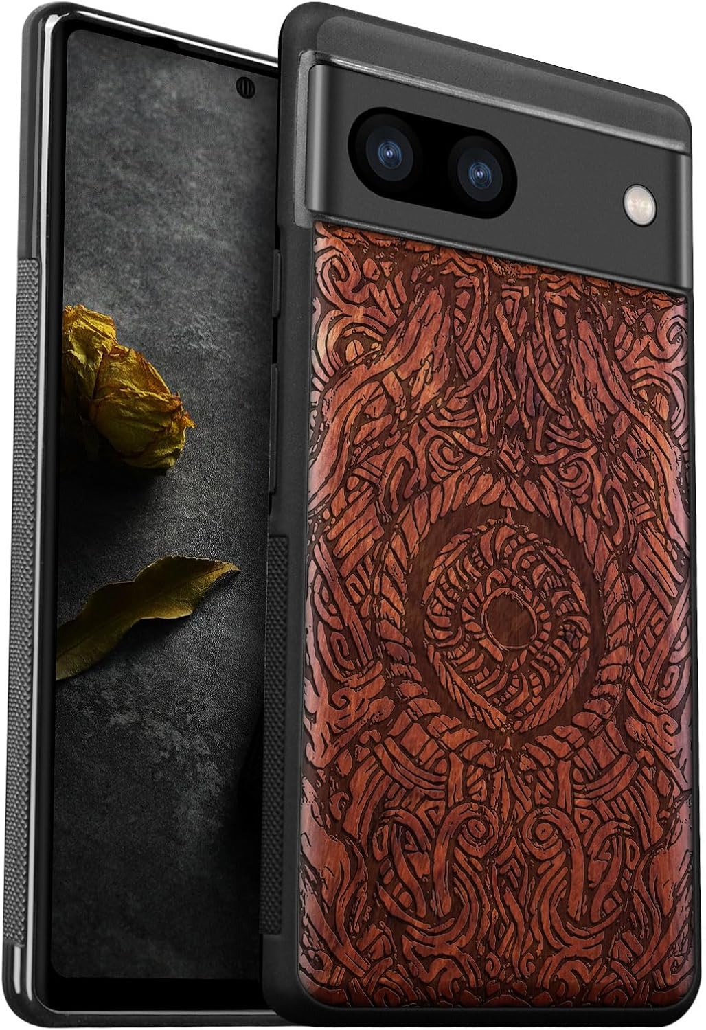 Carveit Wood Case for Pixel 8a Case [Natural Wood & Black Soft TPU] Shockproof Protective Cover Unique Wooden Case Compatible with Google Pixel 8a Case (Futhark Alphabet-Red Wood)