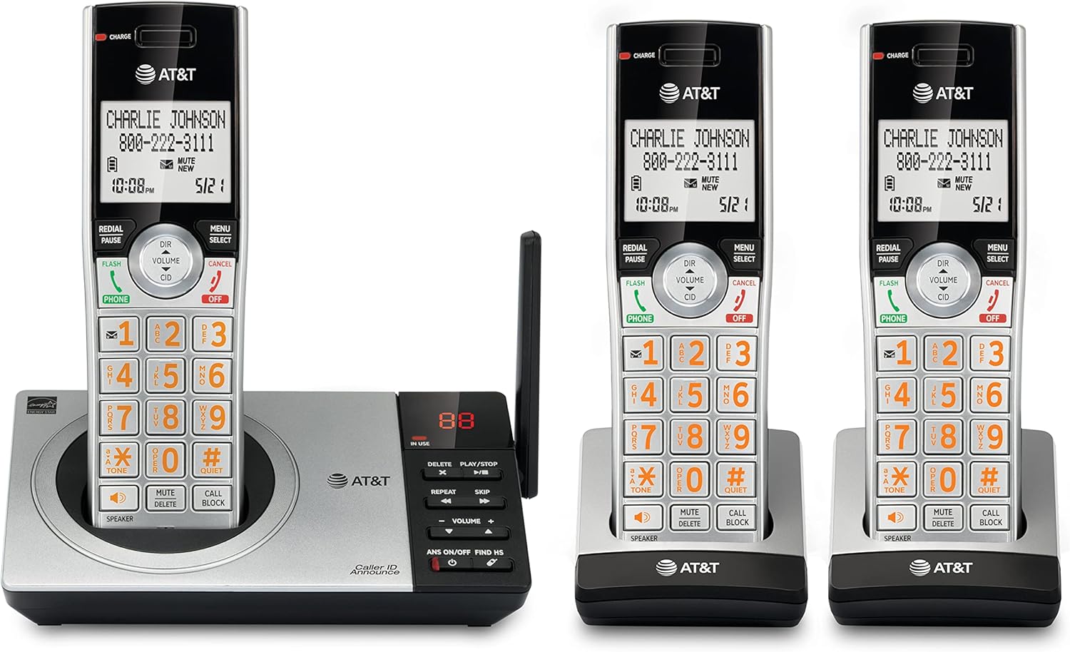 AT&T DECT 6.0 Expandable Cordless Phone with Answering System, Silver/Black with 3 Handsets