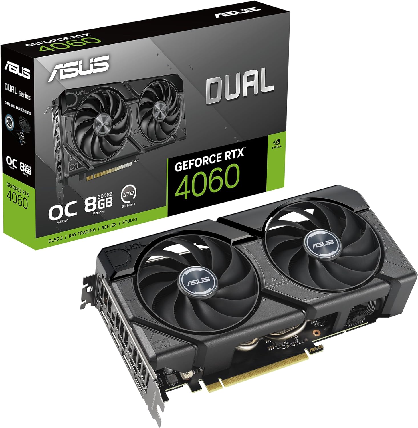 ASUS Dual GeForce RTX 4060 EVO OC Edition 8GB GDDR6 (PCIe 4.0, 8GB GDDR6, DLSS 3, HDMI 2.1a, DisplayPort 1.4a, Axial-tech Fan Design, 0dB Technology, Dual BIOS, Auto-Extreme Technology, and More)