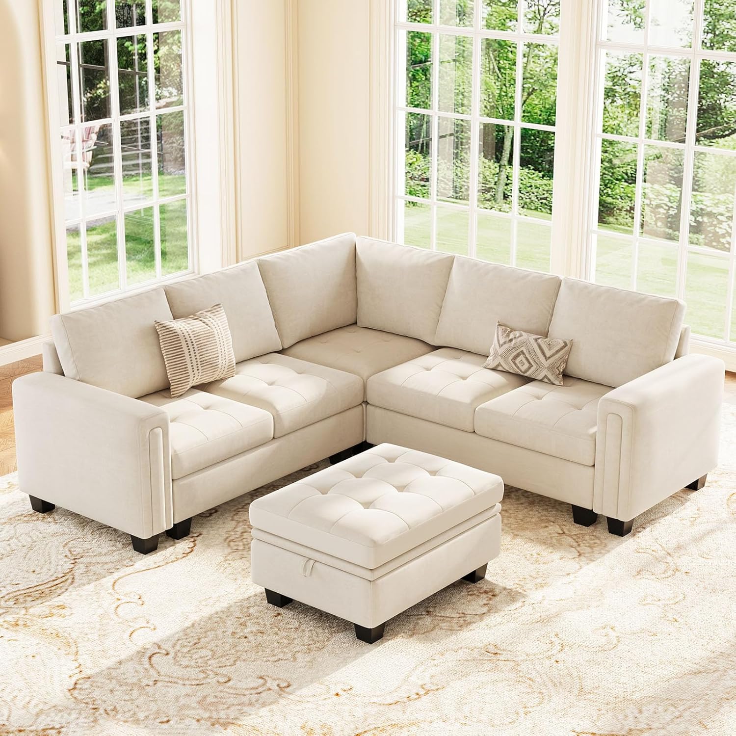 Belffin Velvet Modular Sectional Sofa Convertible L Shaped Couch with Storage Ottoman Sectional Couch with Reversible Chaises Corner Sofa Set Beige