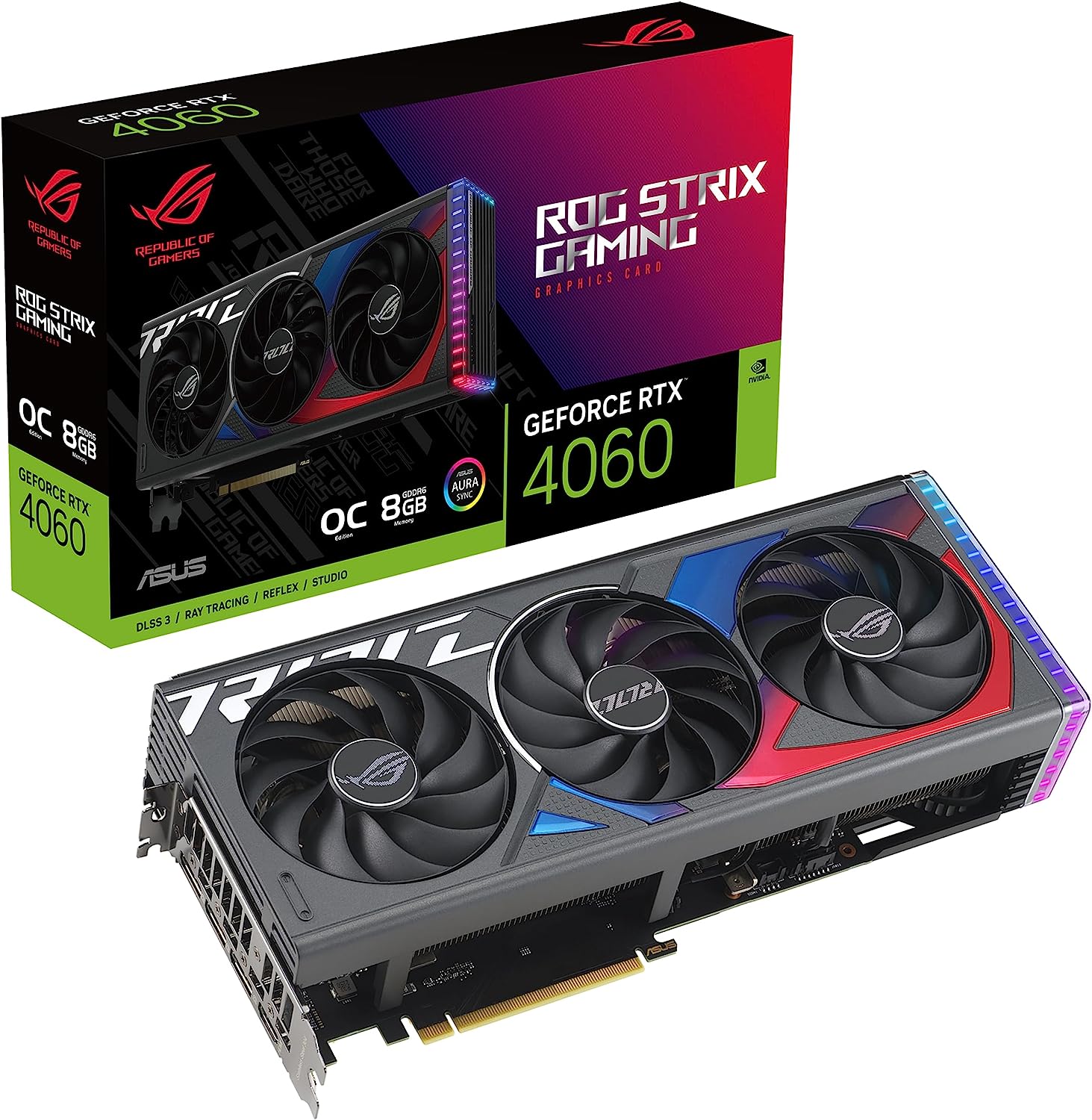 ASUS ROG Strix GeForce RTX 4060 OC Edition Gaming Graphics Card (PCIe 4.0, 8GB GDDR6, DLSS 3, HDMI 2.1a, DisplayPort 1.4a, Axial-tech Fan Design, Aura Sync, 0dB Technology)