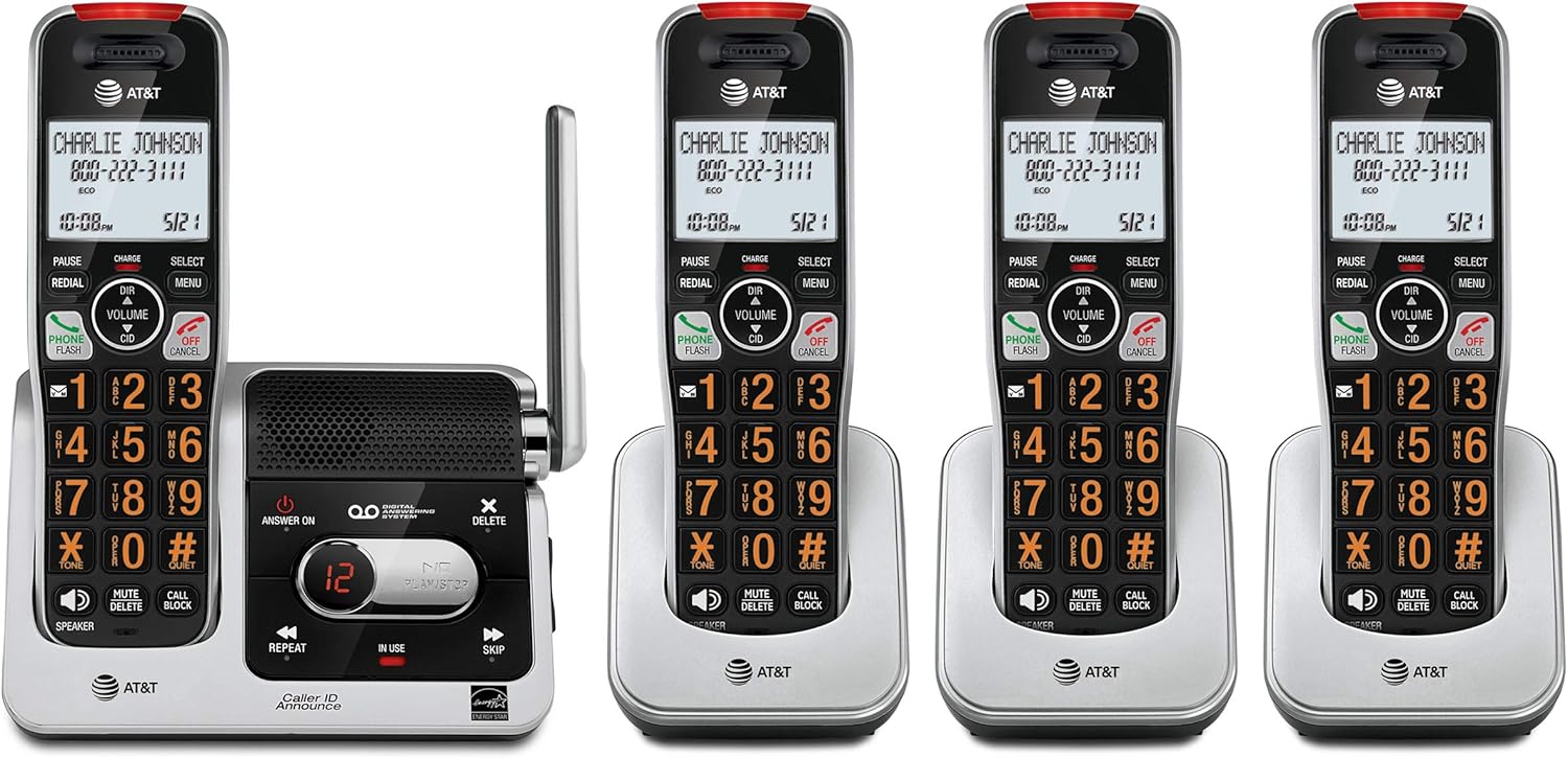 AT&T BL102-4 DECT 6.0 4-Handset Cordless Phone for Home with Answering Machine, Call Blocking, Caller ID Announcer, Audio Assist, Intercom, and Unsurpassed Range, Silver/Black