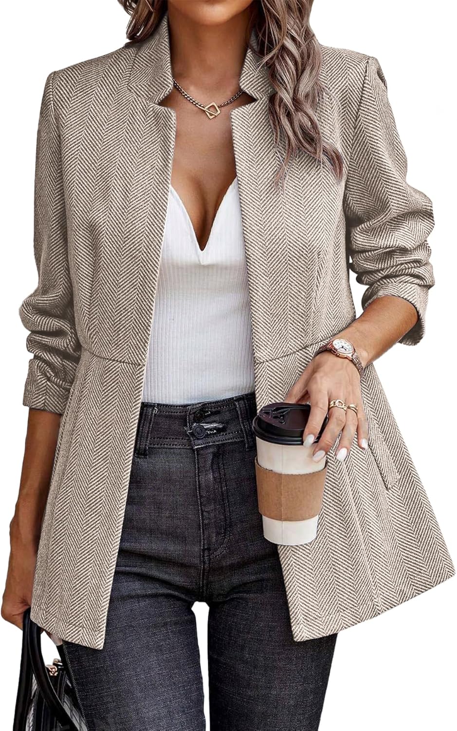 ELLEVEN Women’s Open Front Herringbone Blazer-Business Casual Long Sleeve Work Jacket with Full Lining and Padded Shoulders