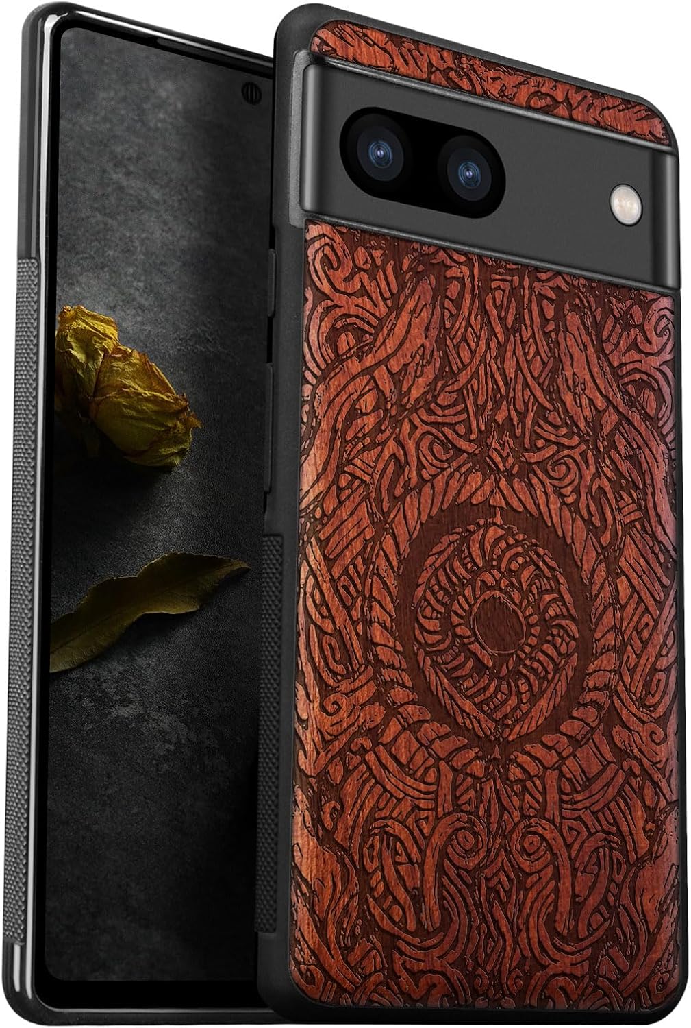 Carveit Wood Case for Pixel 8 Case [Natural Wood & Black Soft TPU] Shockproof Protective Cover Unique Wooden Case Compatible with Google Pixel 8 Case (Futhark Alphabet-Red Wood)