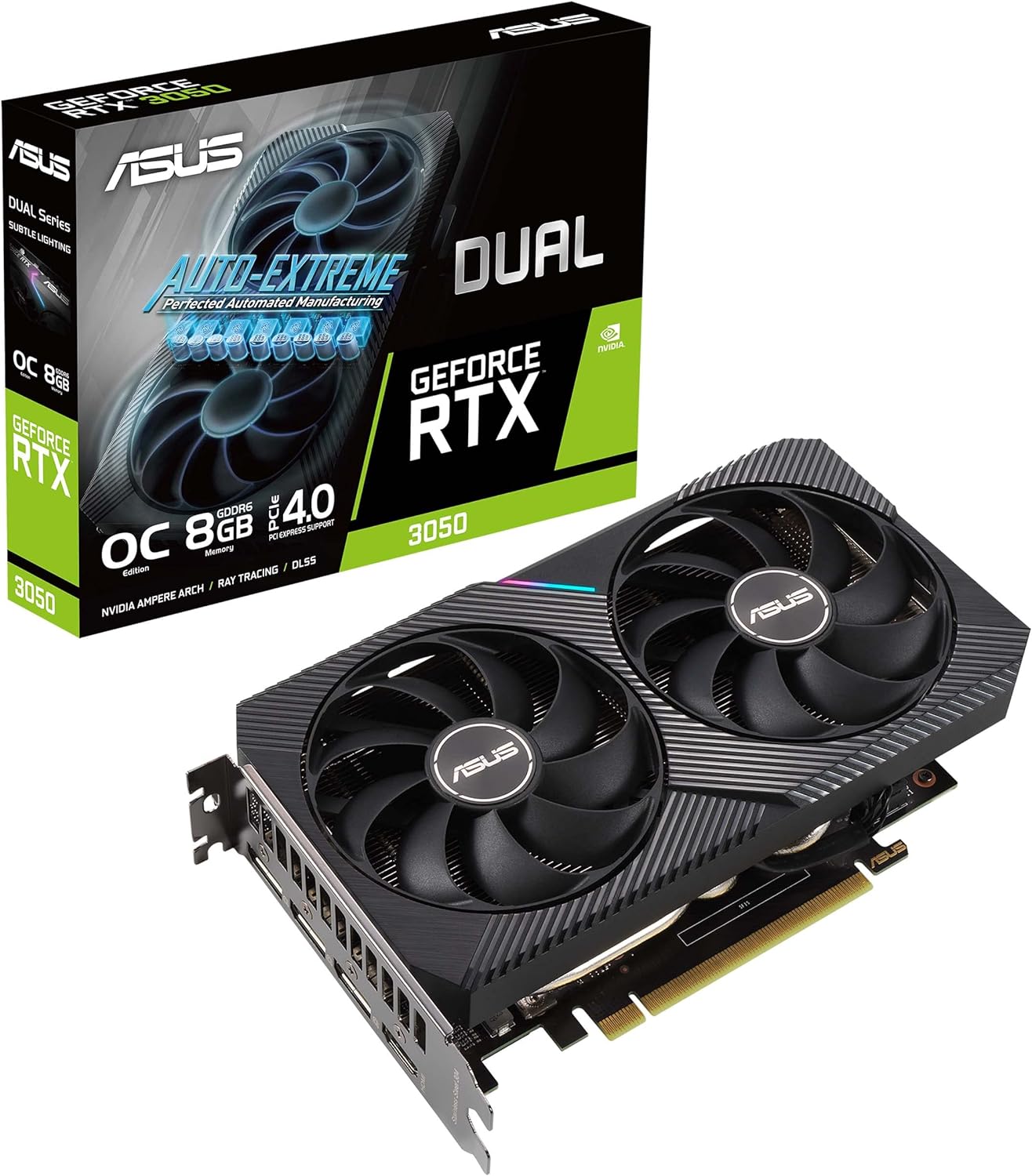 ASUS Dual NVIDIA GeForce RTX 3050 OC Edition Gaming Graphics Card – PCIe 4.0, 8GB GDDR6 Memory, HDMI 2.1, DisplayPort 1.4a, 2-Slot, Axial-tech Fan Design, 0dB Technology, Steel Bracket