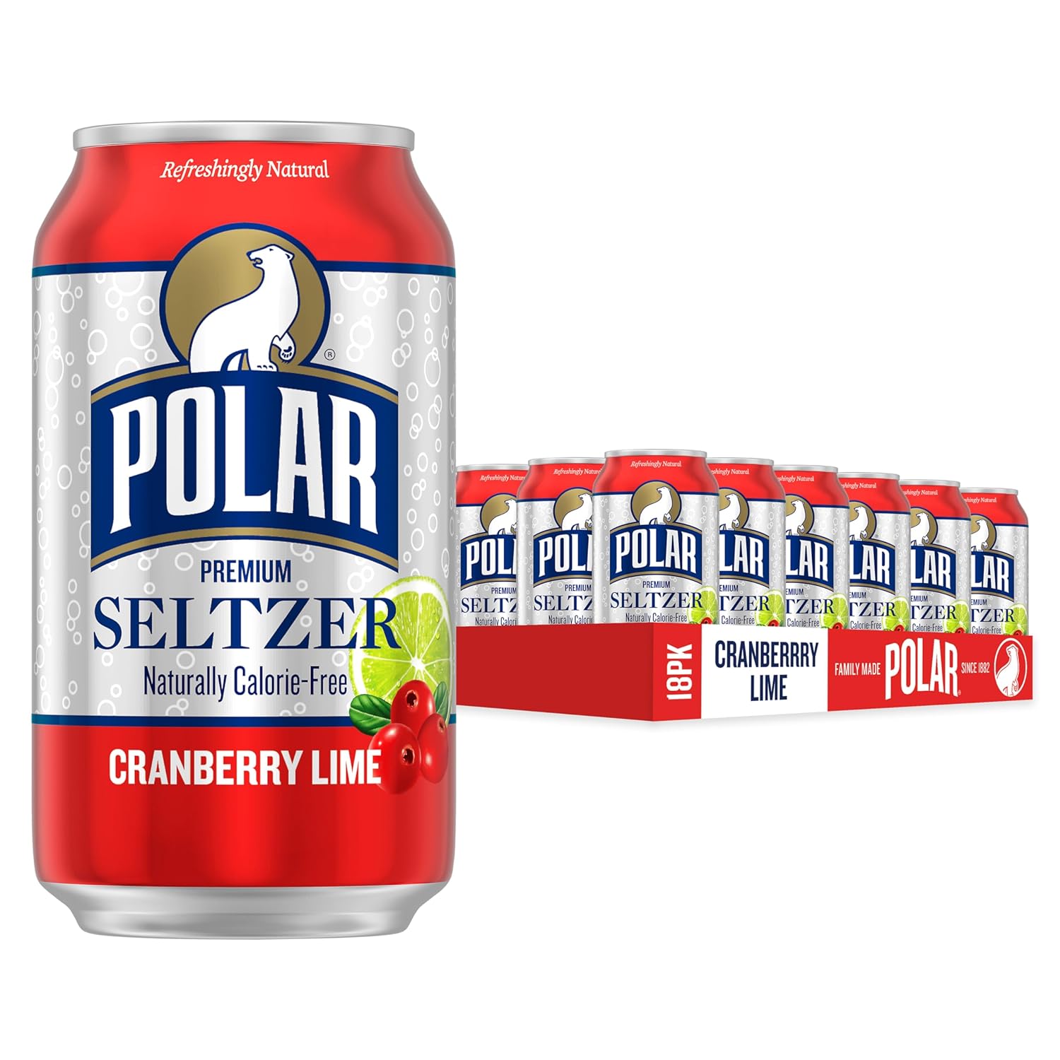 Polar Seltzer Water Cranberry Lime, 12 fl oz cans, 18 pack