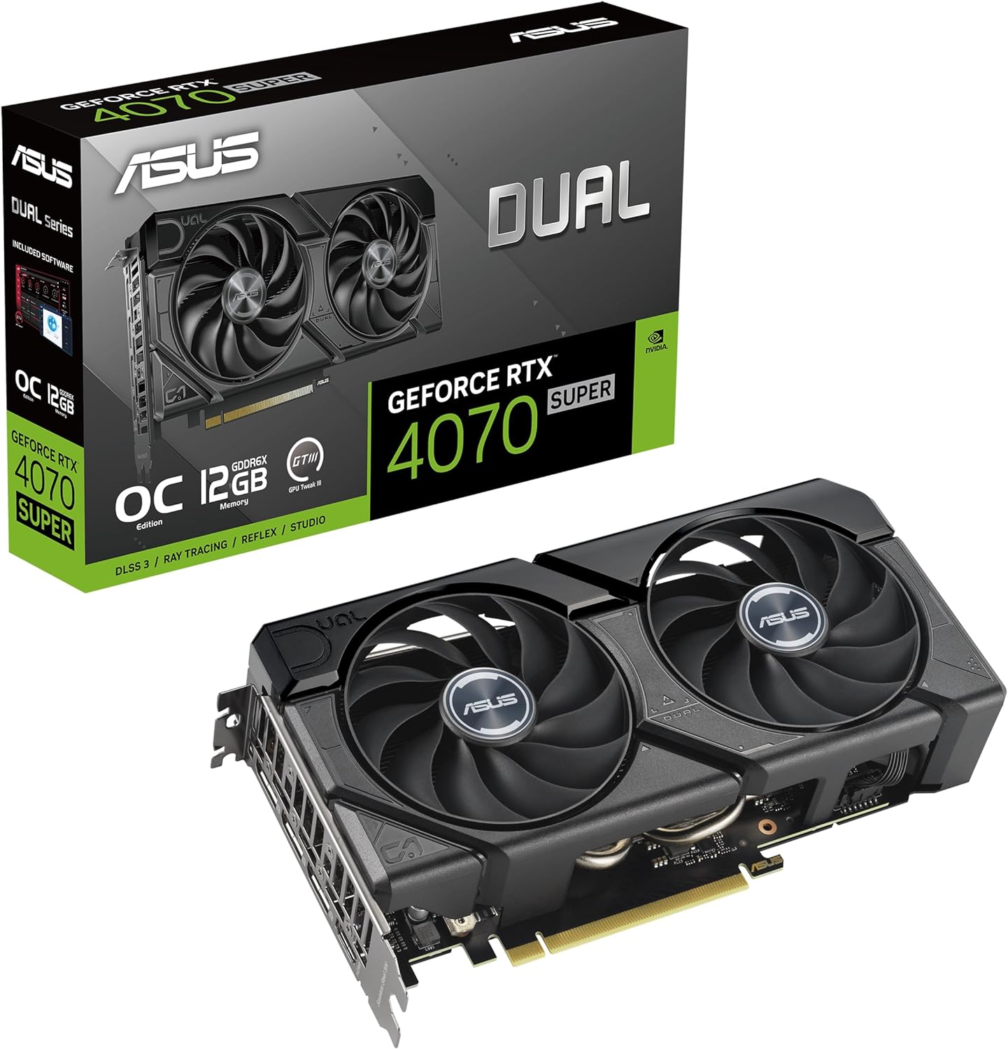 ASUS Dual GeForce RTX 4070 Super EVO OC Edition 12GB GDDR6X (PCIe 4.0, 12GB GDDR6X, DLSS 3, HDMI 2.1a, DisplayPort 1.4a, 2.5-Slot Design, Axial-tech Fan Design, 0dB Technology, and More)