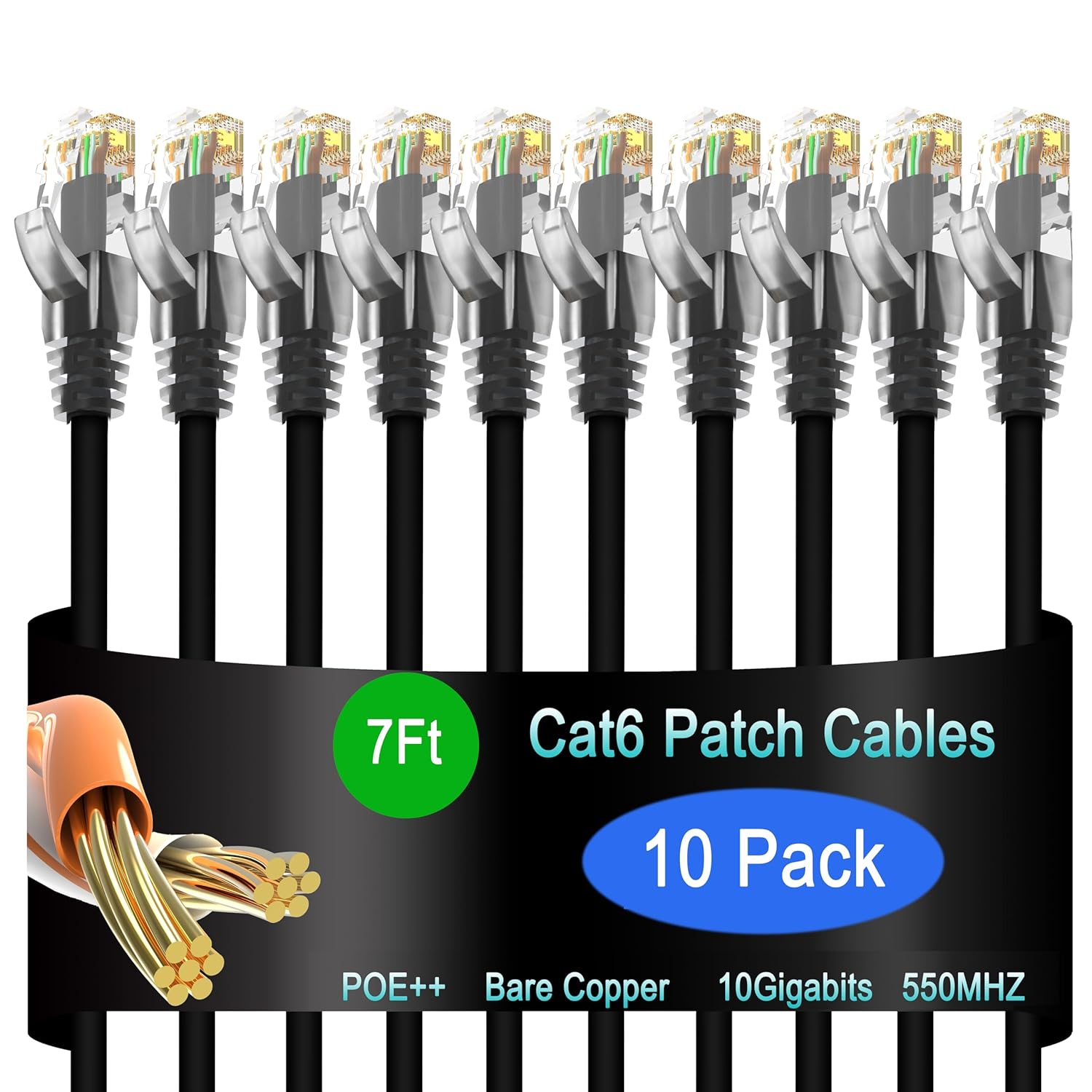 Cat6 Ethernet Patch Cable 7 ft (10 Pack), Cat6 Patch Cable for Data Centers, Cat 6 Patch Cable 10G, Network Patch Cables for Home and Enterprise Network -Black