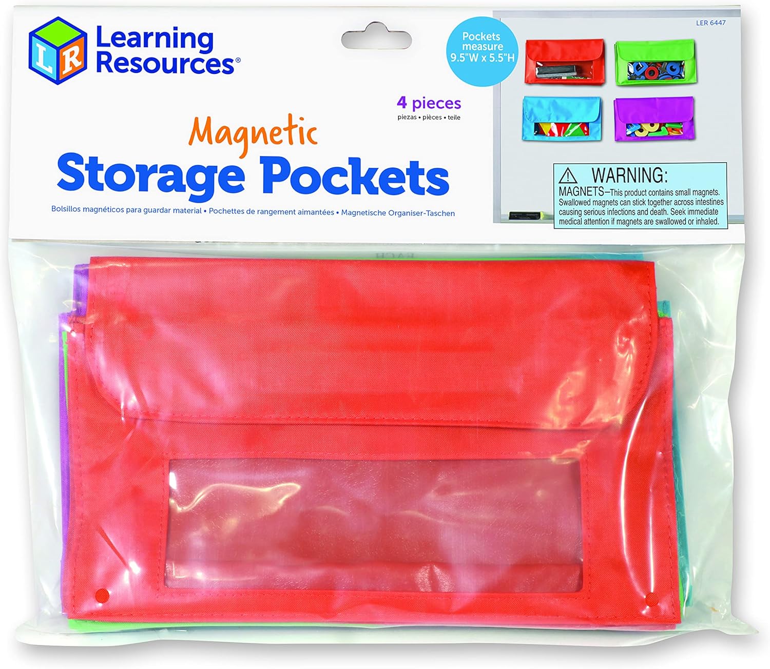 Learning Resources Magnetic Storage Pockets, Set of 4 in 4 Colors,Whiteboard Accessory Case, Classroom Organization, Back to School Supplies,Teacher Supplies