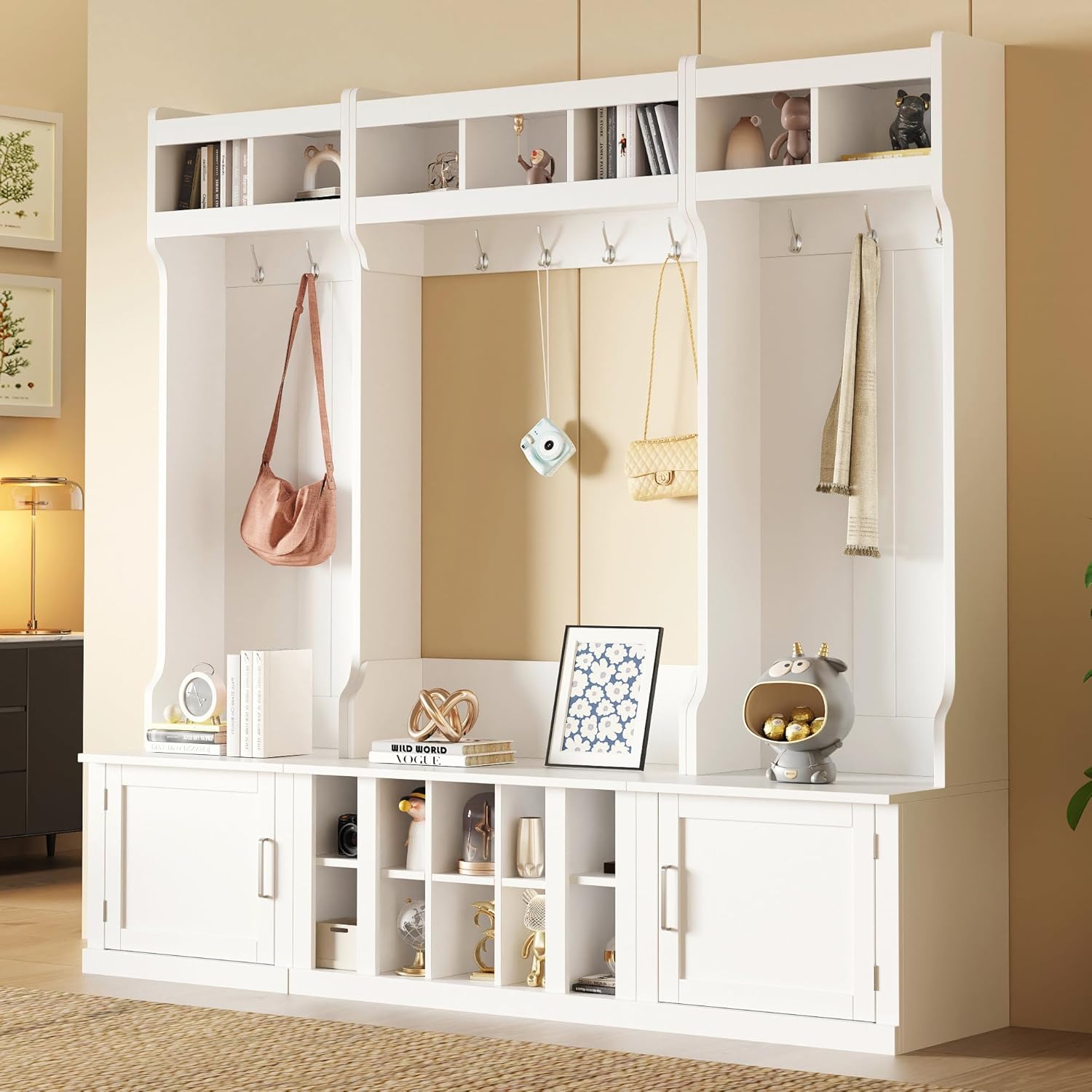 Wide Hall Tree with Storage and Bench, 4-in-1 Multi-functional Entryway Bench with Coat Rack and Shoe Cubbies White