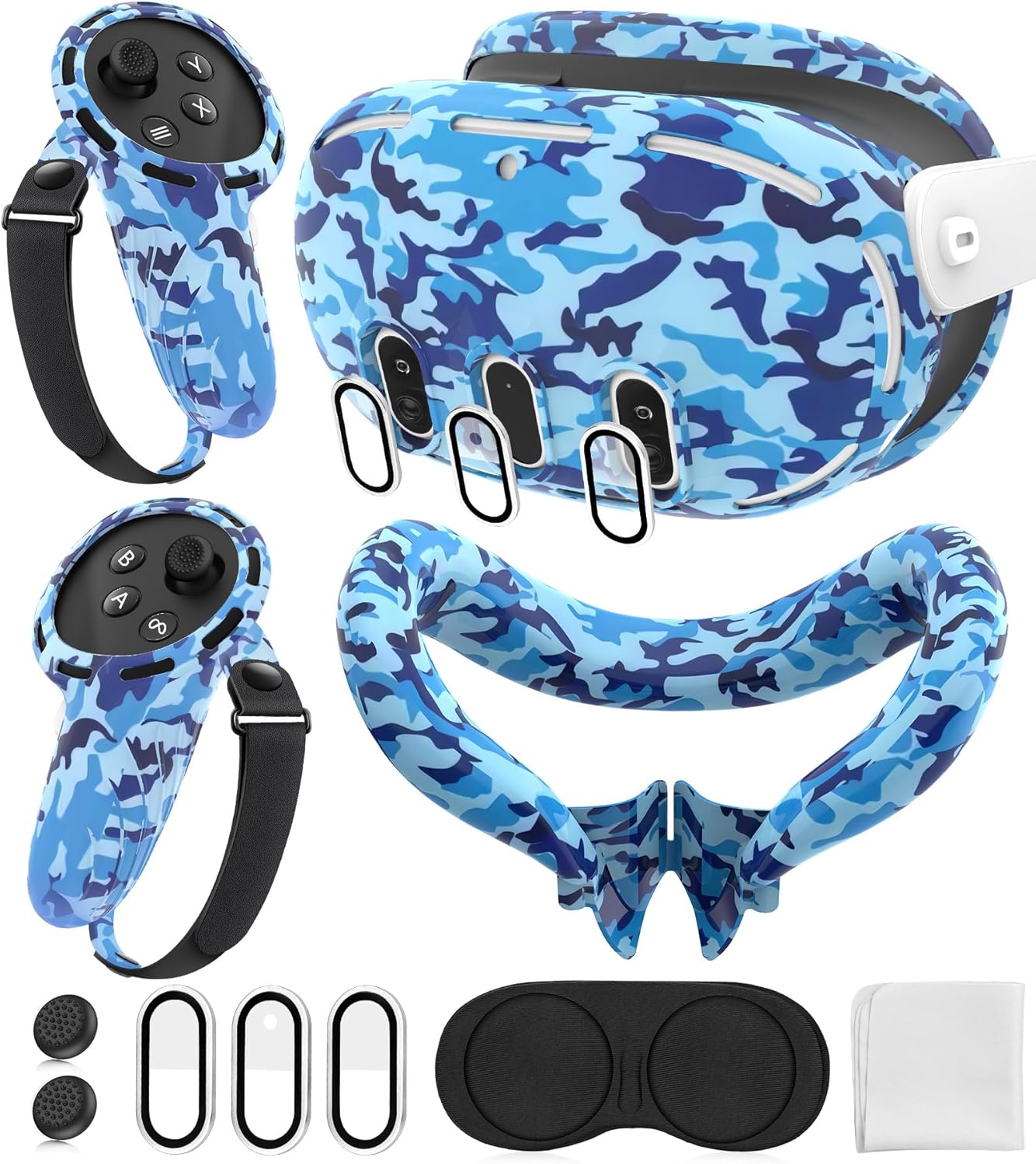 Silicone Cover Set Compatible with Oculus/Meta Quest 3, Touch Controller Grips Cover, VR Shell Cover, Facial Interface Cover, Protective Lens Cover, Tempered Glass Lens Caps (Camouflage Blue)