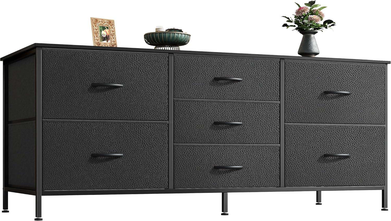 Huuger Dresser with 7 Drawers, 47 Inch Dresser TV Stand for 43, 50, 55 Inch TV, Wide Fabric Dresser Chest of Drawers, Metal Frame, Storage Dresser for Bedroom, Nursery, Clothing, Black