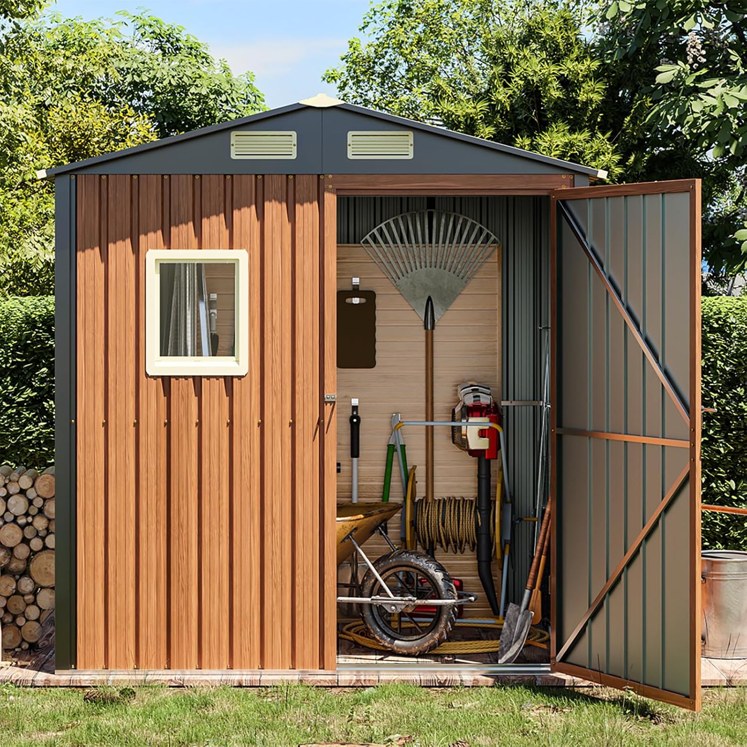 Outdoor Storage Shed 6×4 Ft, Lockable Metal Garden Shed with Window, Tool Shed Tiny House Vertical Outside Storage Building for Backyard, Lawn, Patio, Bike