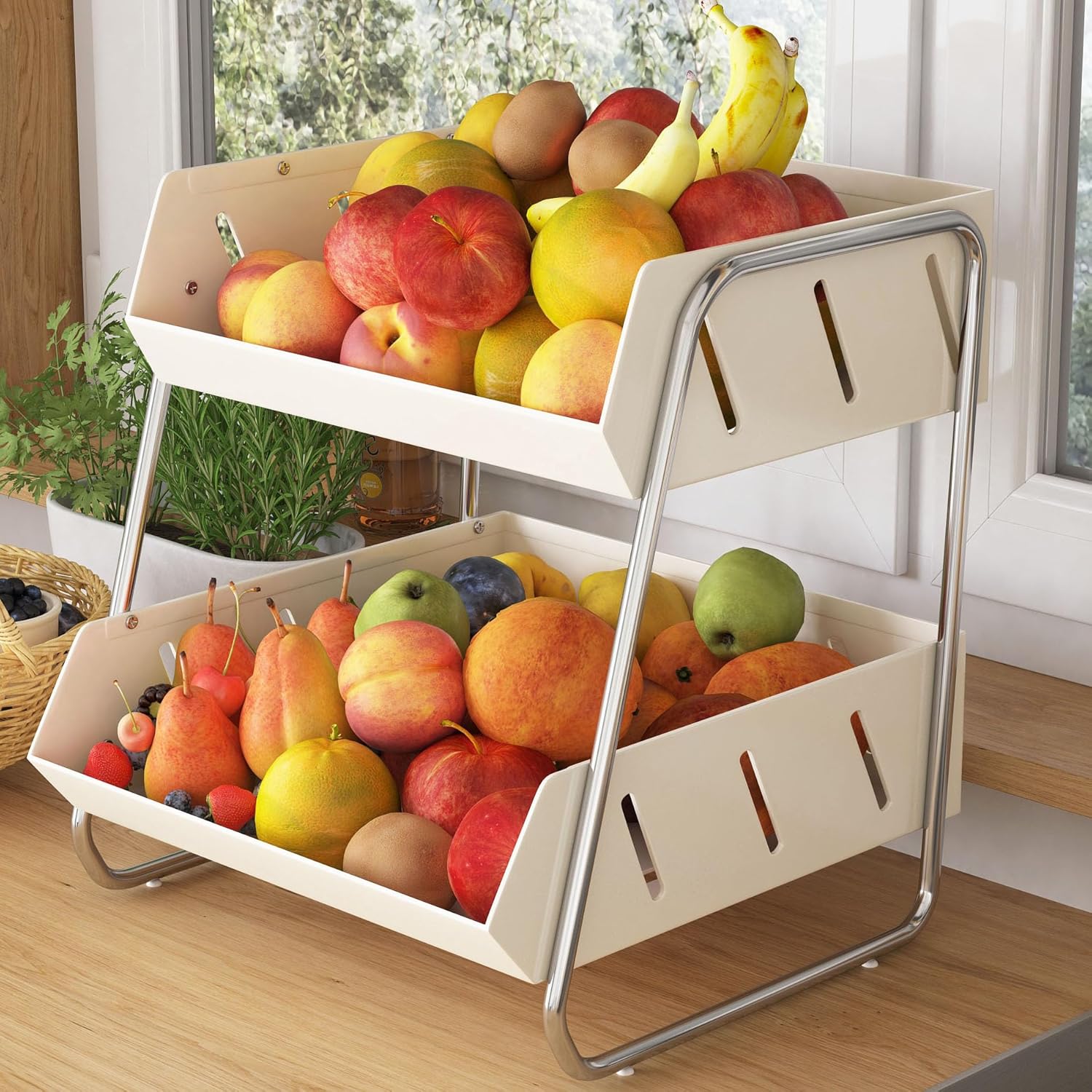 COVAODQ Fruit Basket 2 Tier Kitchen Counter For Fruit and Vegetable Can Rack Storage for Kitchen Counter Fruit Bowl Storage Organizer Holder for Canned food, White