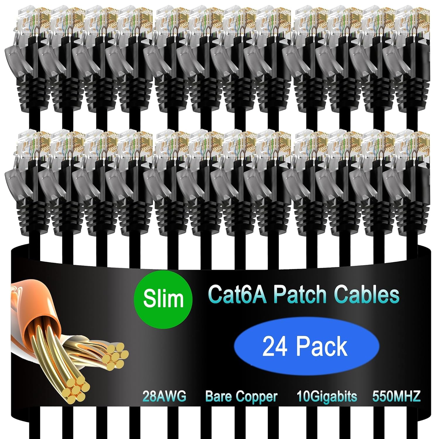 Cat6a Slim Ethernet Patch Cable 1.5 ft (24 Pack), Cat6a Patch Cable for Data Centers, Cat 6 Patch Cable 10G, Network Patch Cables for Home and Enterprise Network -Black