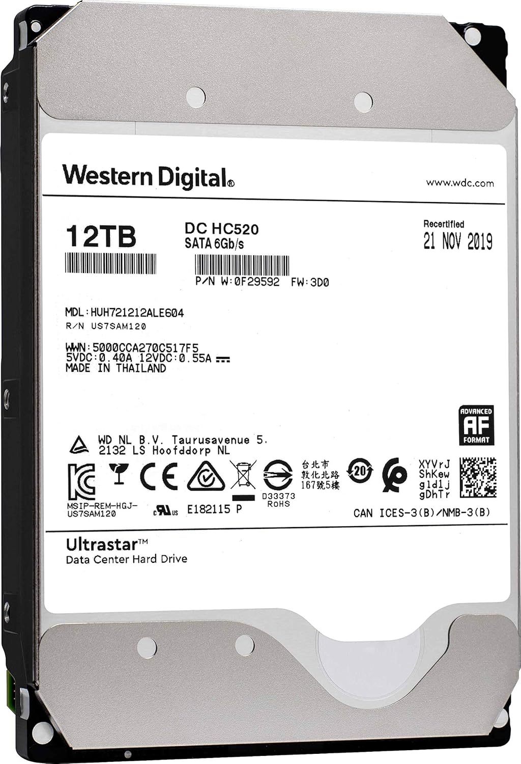 WD HGST 12TB Ultrastar DC HC520 SATA 6Gb/s 7200RPM 3.5″ 256MB Cache HUH721212ALE604 0F29592, with Power Disable Feature (Renewed)