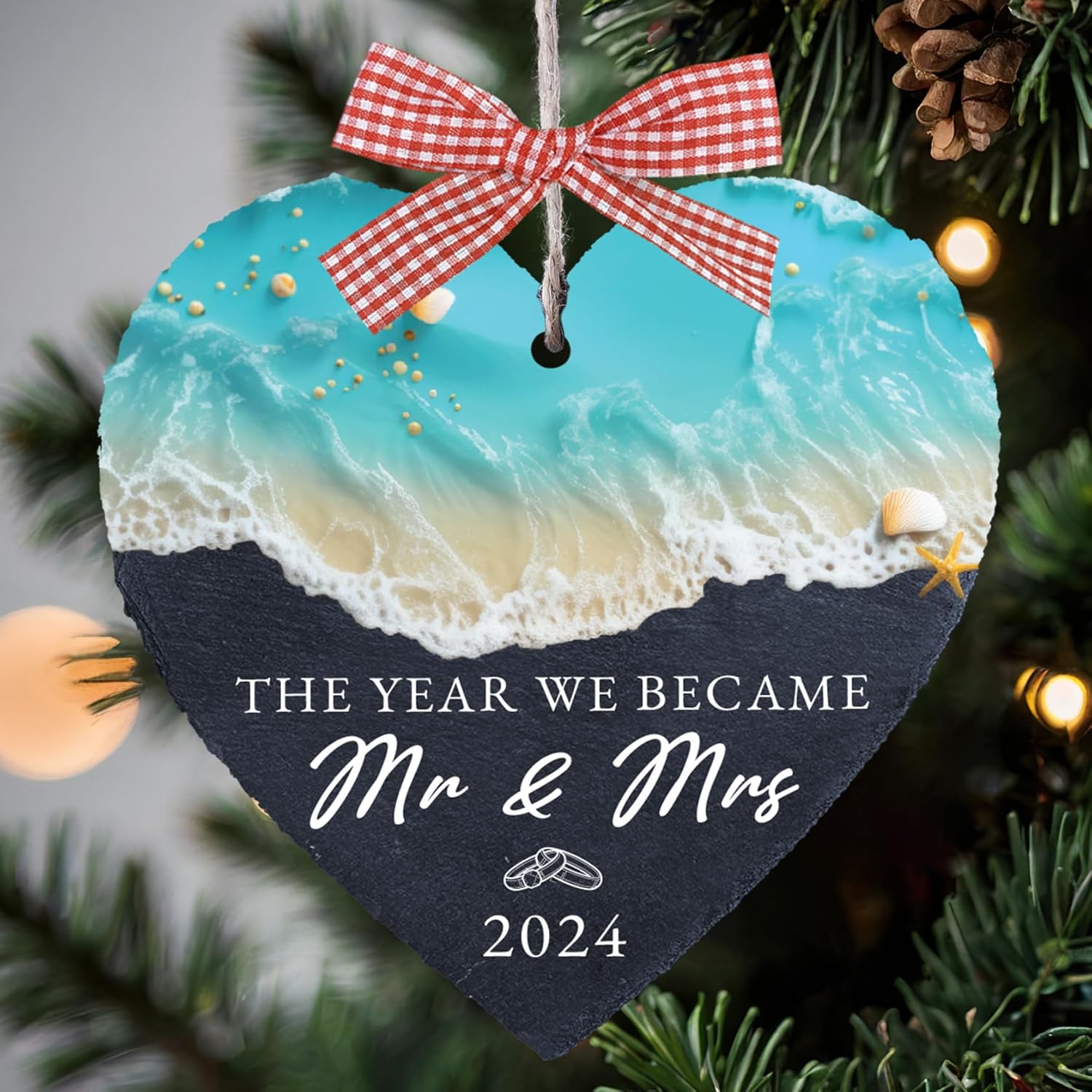 4″ Stone Mr and Mrs Ornament Beach Wedding Gifts for Couples 2024, First Christmas Married Ornament for Newlywed, Honeymoon Decor, Bridal Shower Keepsake Gifts Husband & Wife HOT101-H