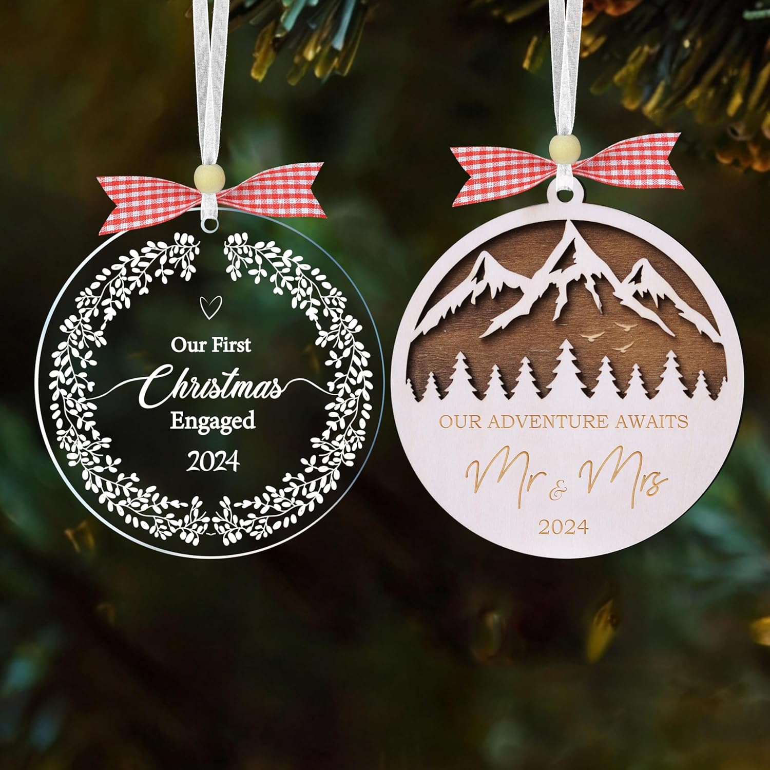 Pack of 2 First Christmas Married Ornament 2024, Our First Xmas Mr and Mrs, Wedding Gifts for Couples Bridal Shower, Our Adventure Awaits Ornament, 1st Just Married Newlywed CB-10