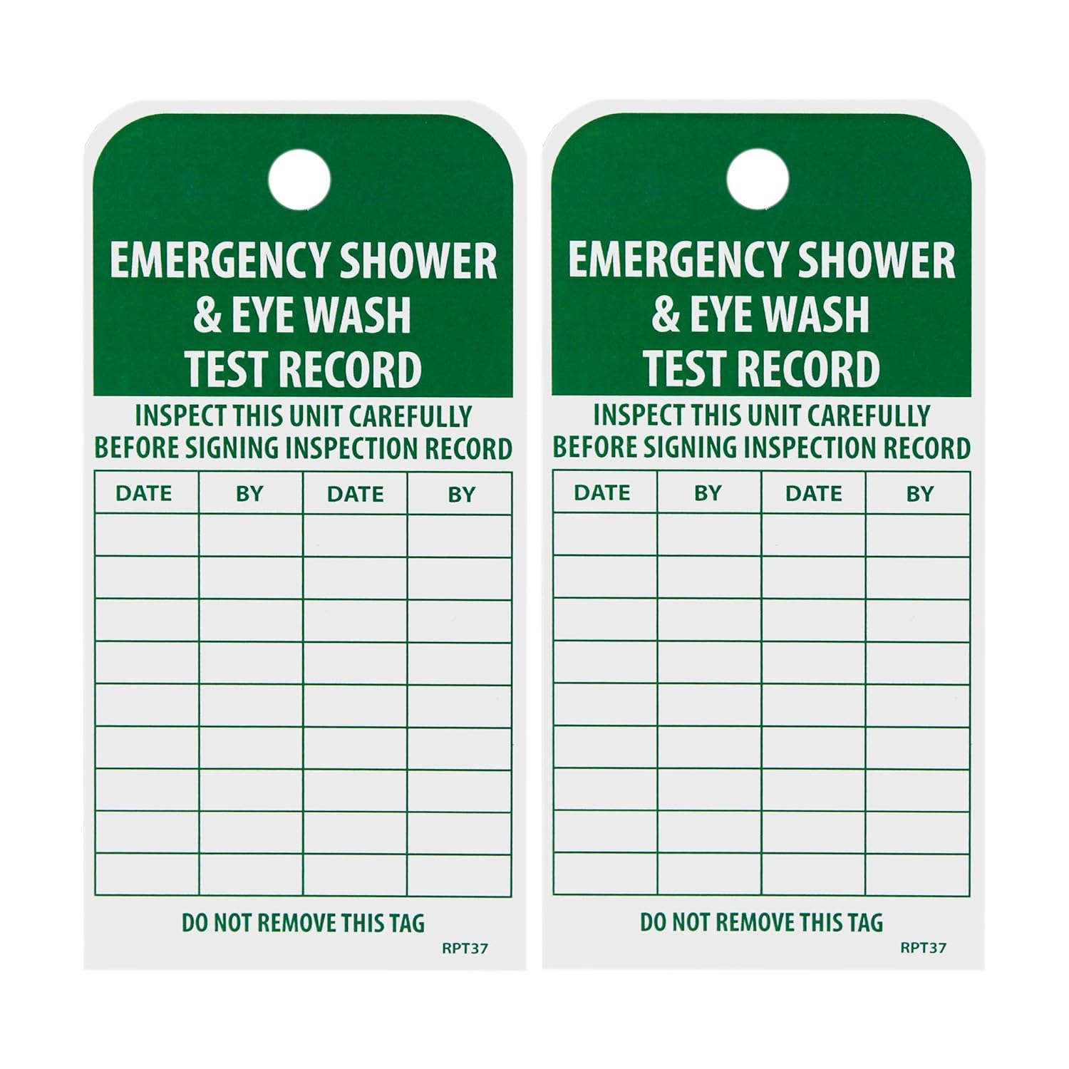 NMC RPT37 EMERGENCY SHOWER & EYE WASH TEST RECORD Tag – [Pack of 25] 3 in. x 6 in. 2 Side Vinyl Inspection Tag with White/Green Text on Green/White Base